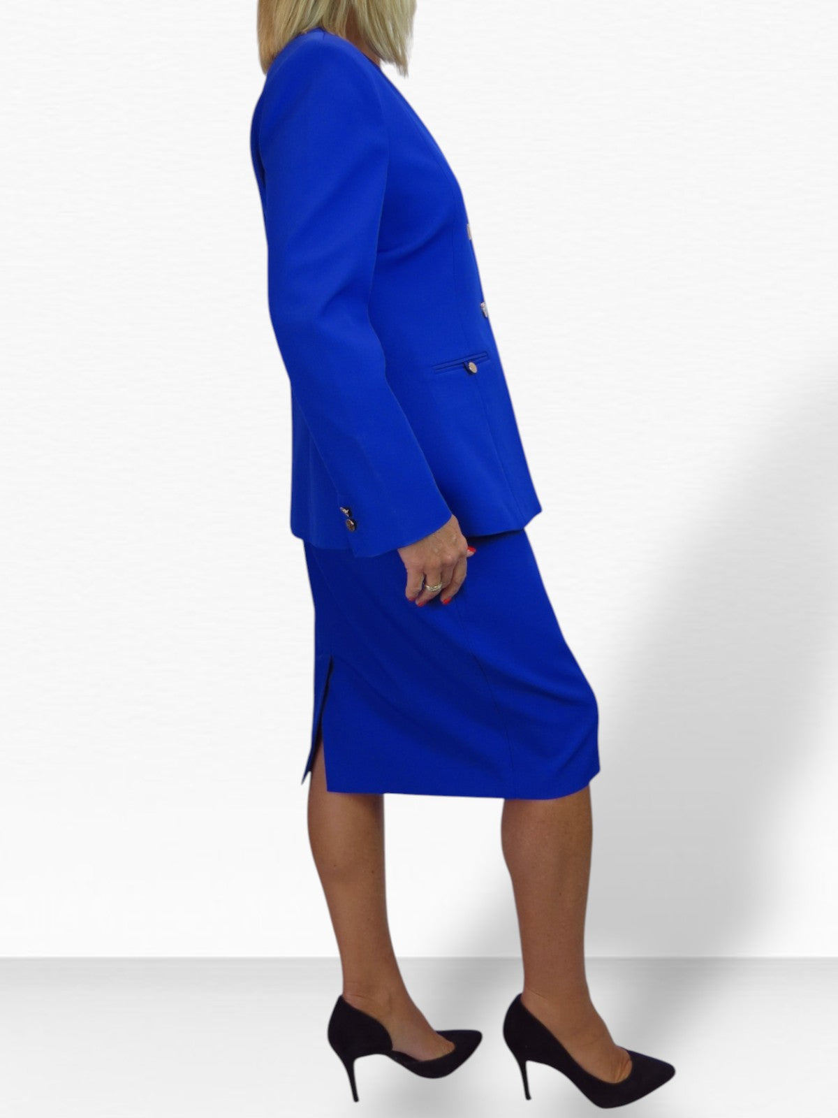 2 Piece V Neck Jacket and Midi Skirt Suit Royal Blue