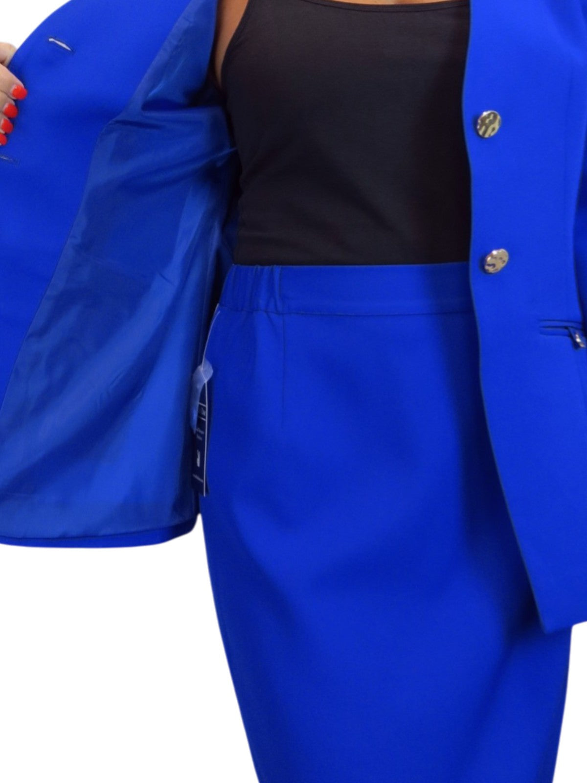 2 Piece V Neck Jacket and Midi Skirt Suit Royal Blue