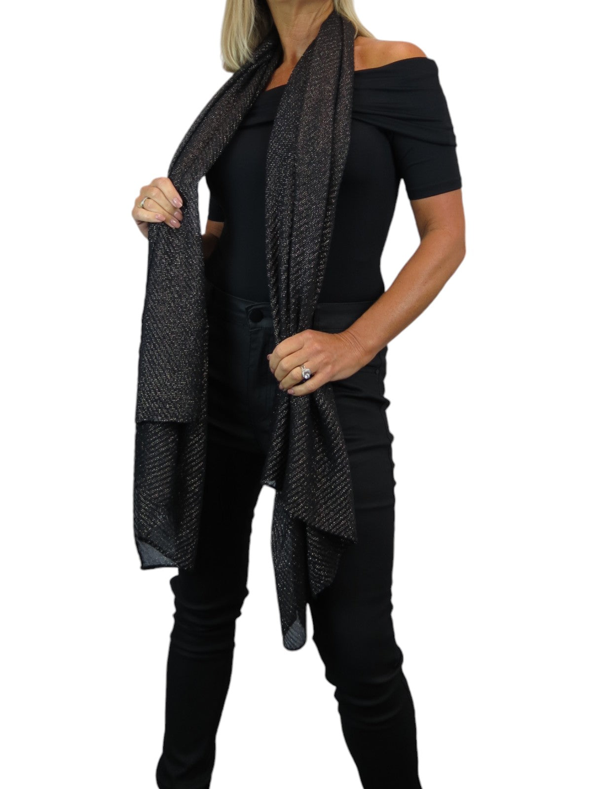 Golden Shimmer Evening Shawl With Pleated Crinkle Scarf Black
