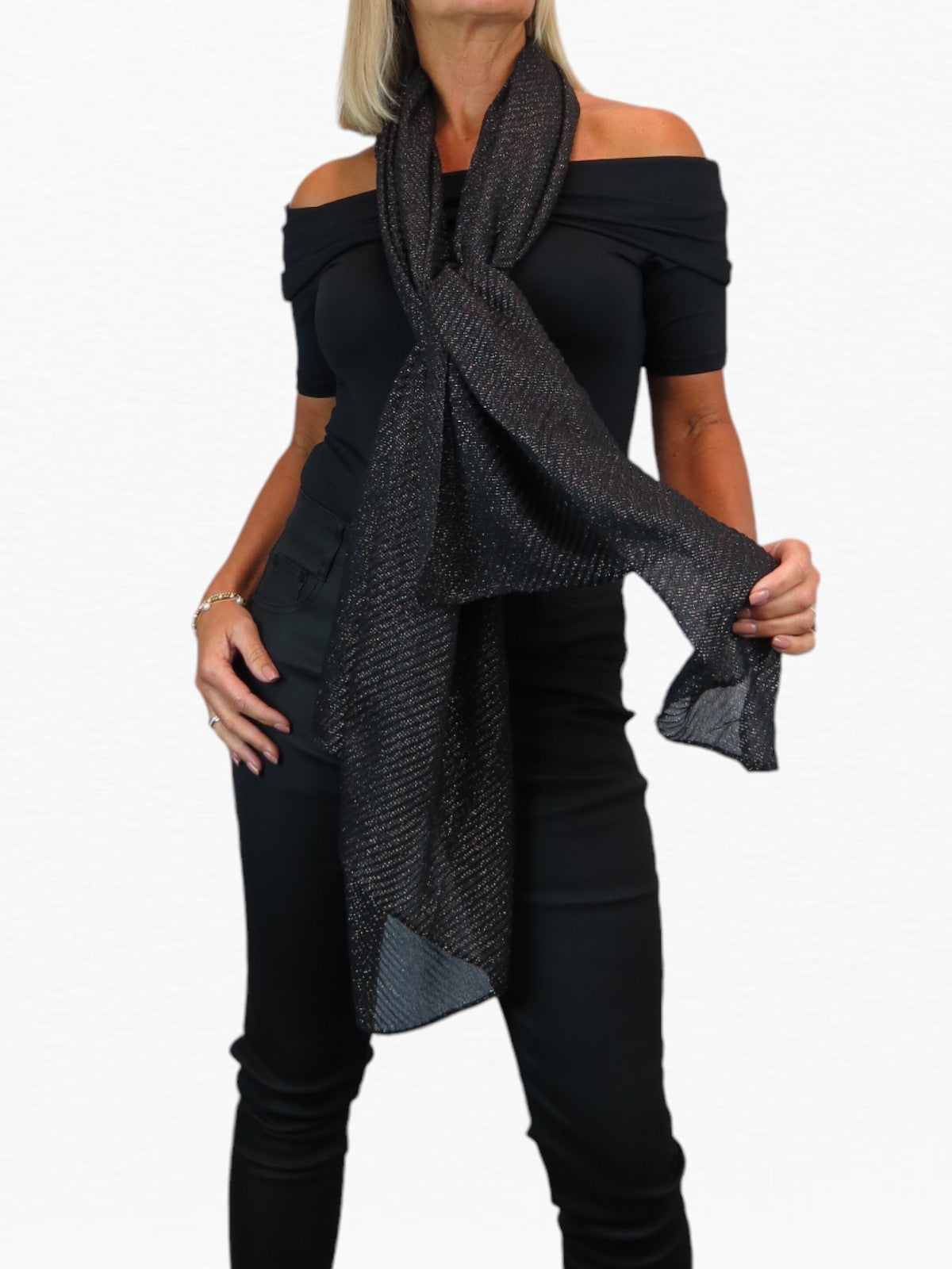 Golden Shimmer Evening Shawl With Pleated Crinkle Scarf Black