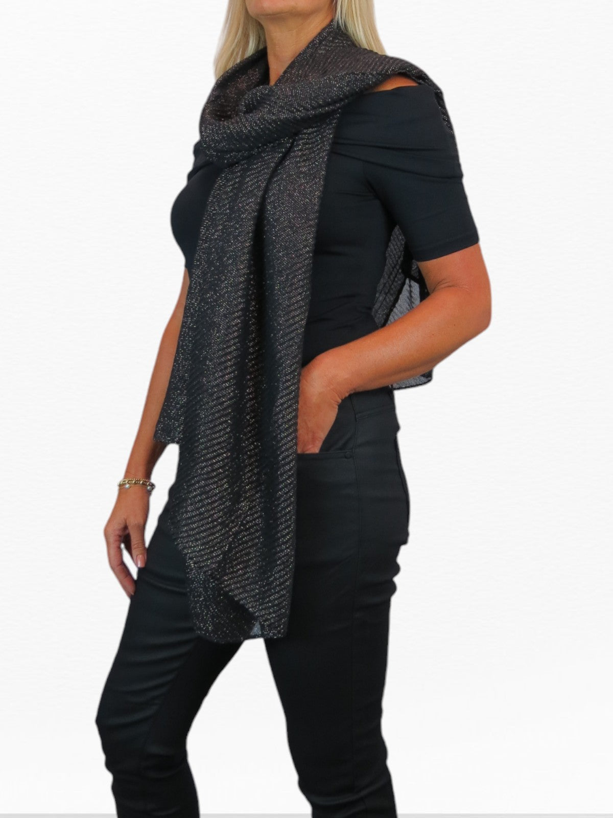 Golden Shimmer Evening Shawl With Pleated Crinkle Scarf Black