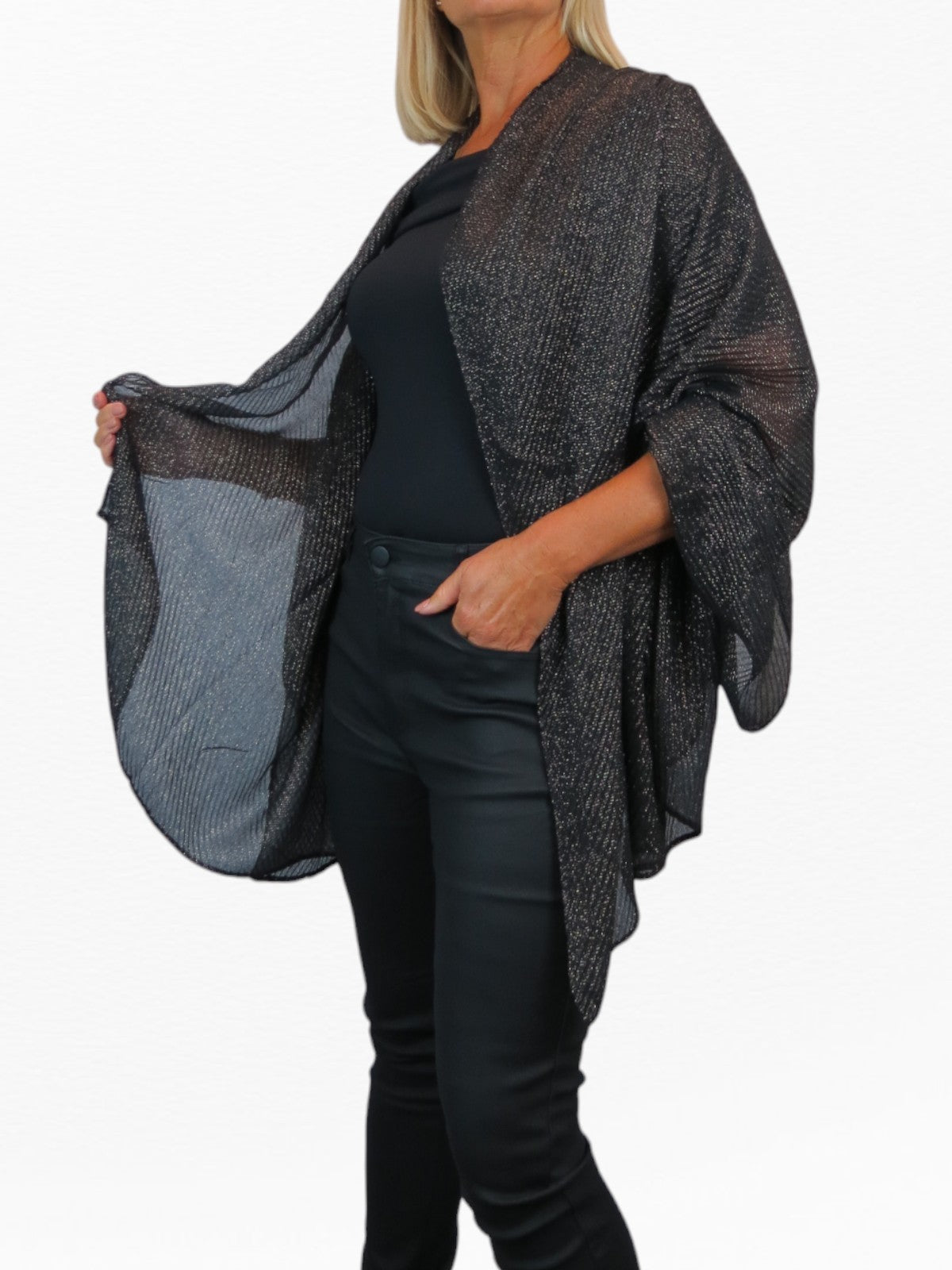 Golden Shimmer Evening Shawl With Pleated Crinkle Scarf Black