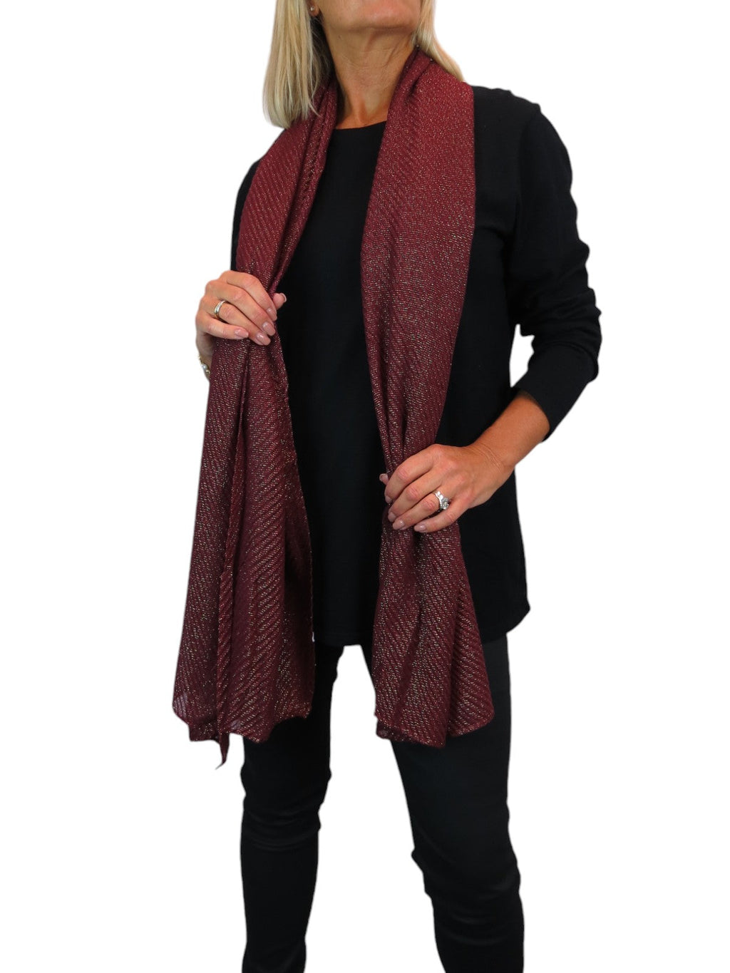 Golden Shimmer Evening Shawl With Pleated Crinkle Scarf Wine Red