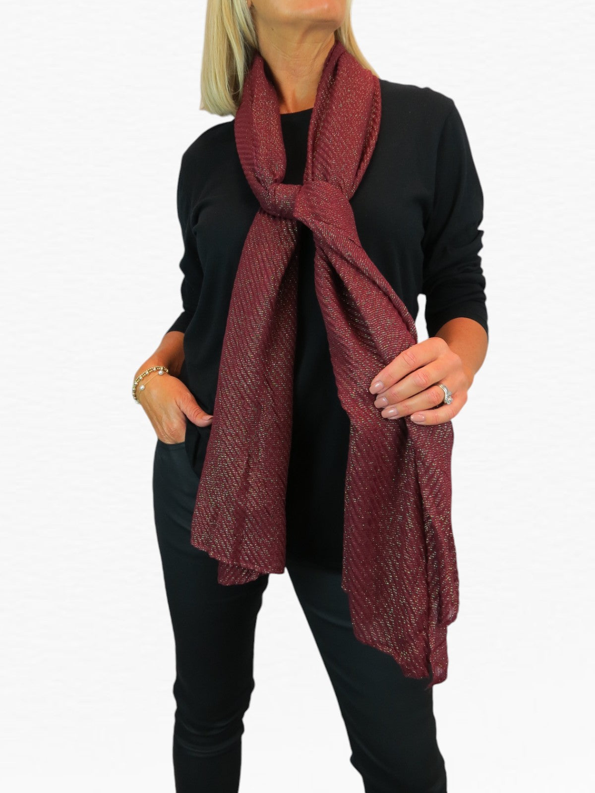 Golden Shimmer Evening Shawl With Pleated Crinkle Scarf Wine Red