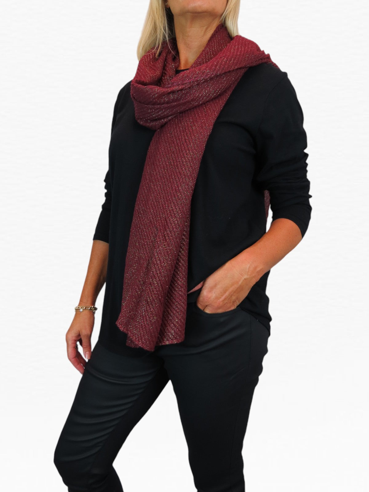 Golden Shimmer Evening Shawl With Pleated Crinkle Scarf Wine Red