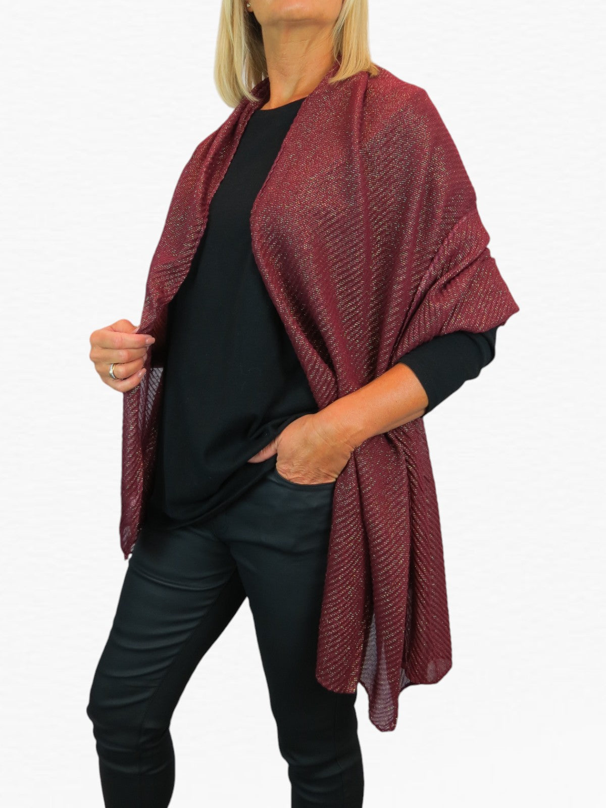 Golden Shimmer Evening Shawl With Pleated Crinkle Scarf Wine Red