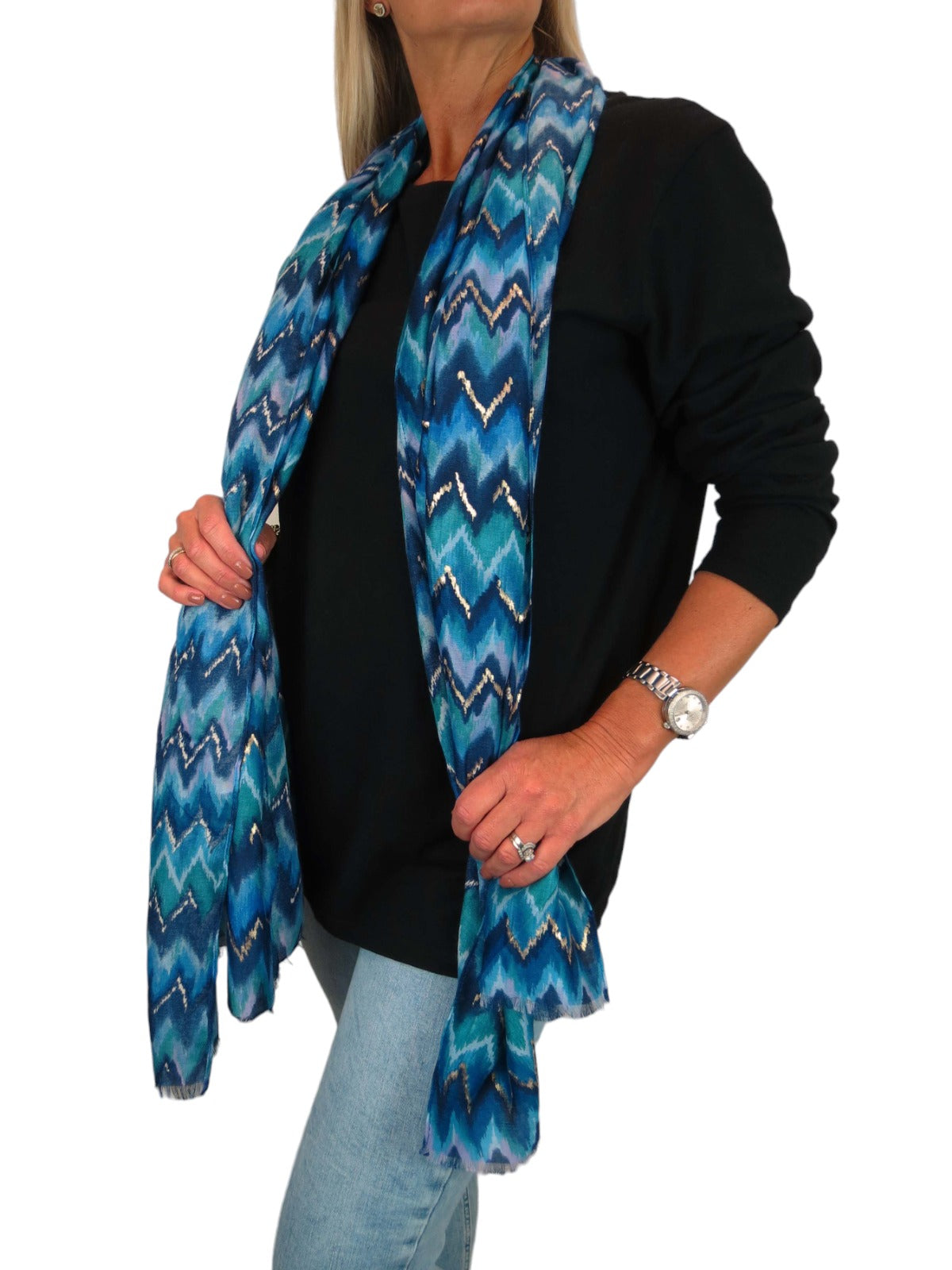 Golden Wave Design Fashion Scarf Oversized Scarves Blue