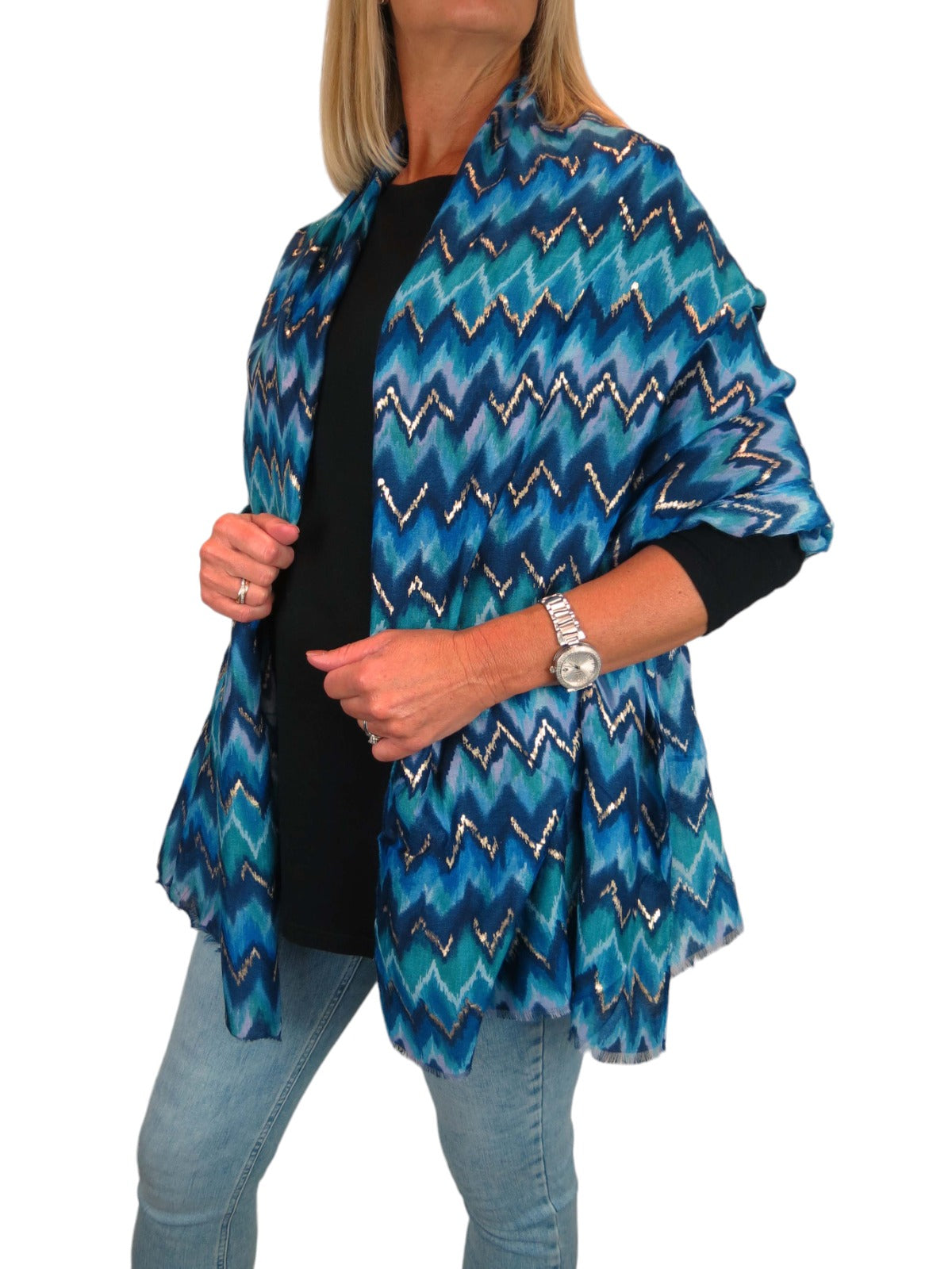 Golden Wave Design Fashion Scarf Oversized Scarves Blue