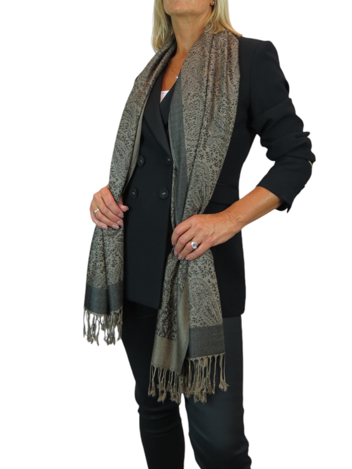 Paisley Jacquard Fine Pashmina Shawl Wrap Black Bronze
