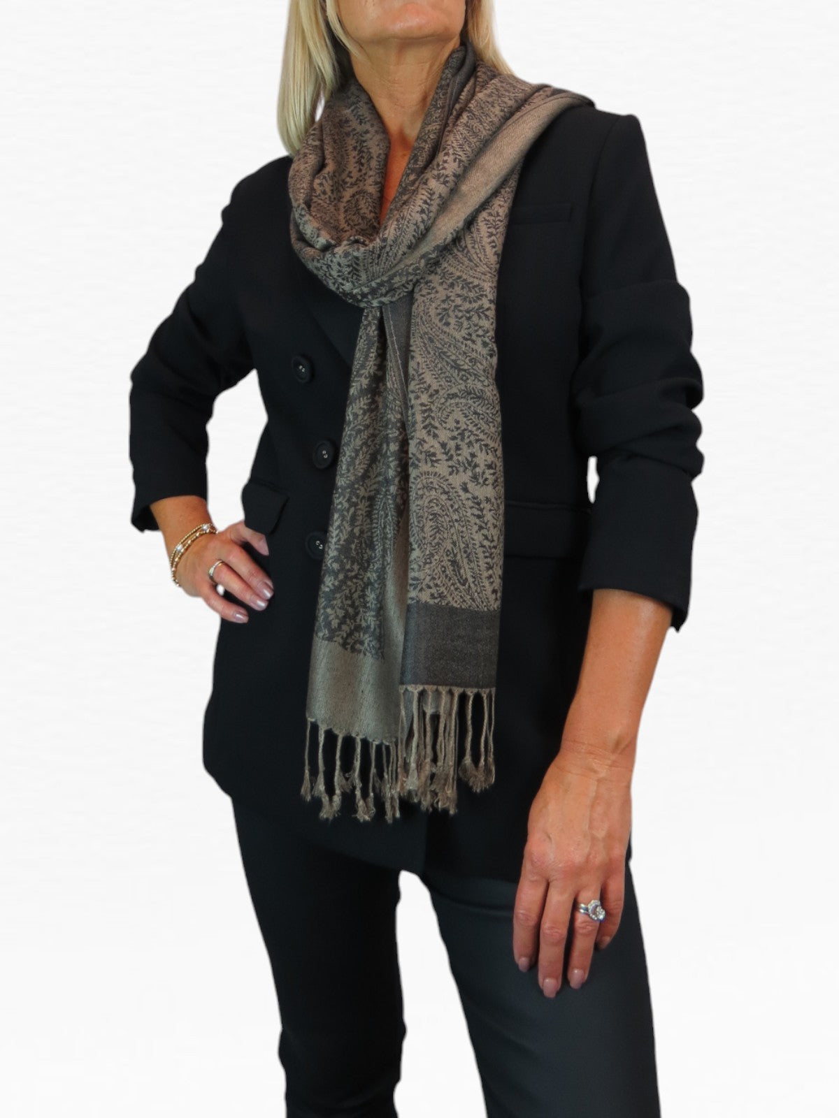 Paisley Jacquard Fine Pashmina Shawl Wrap Black Bronze