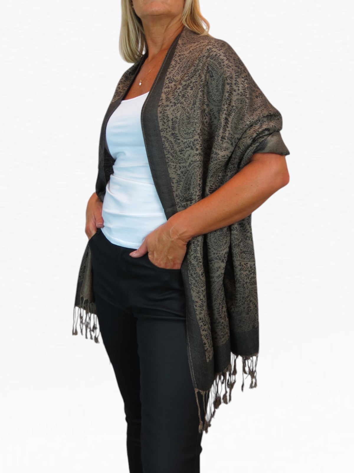 Paisley Jacquard Fine Pashmina Shawl Wrap Black Bronze