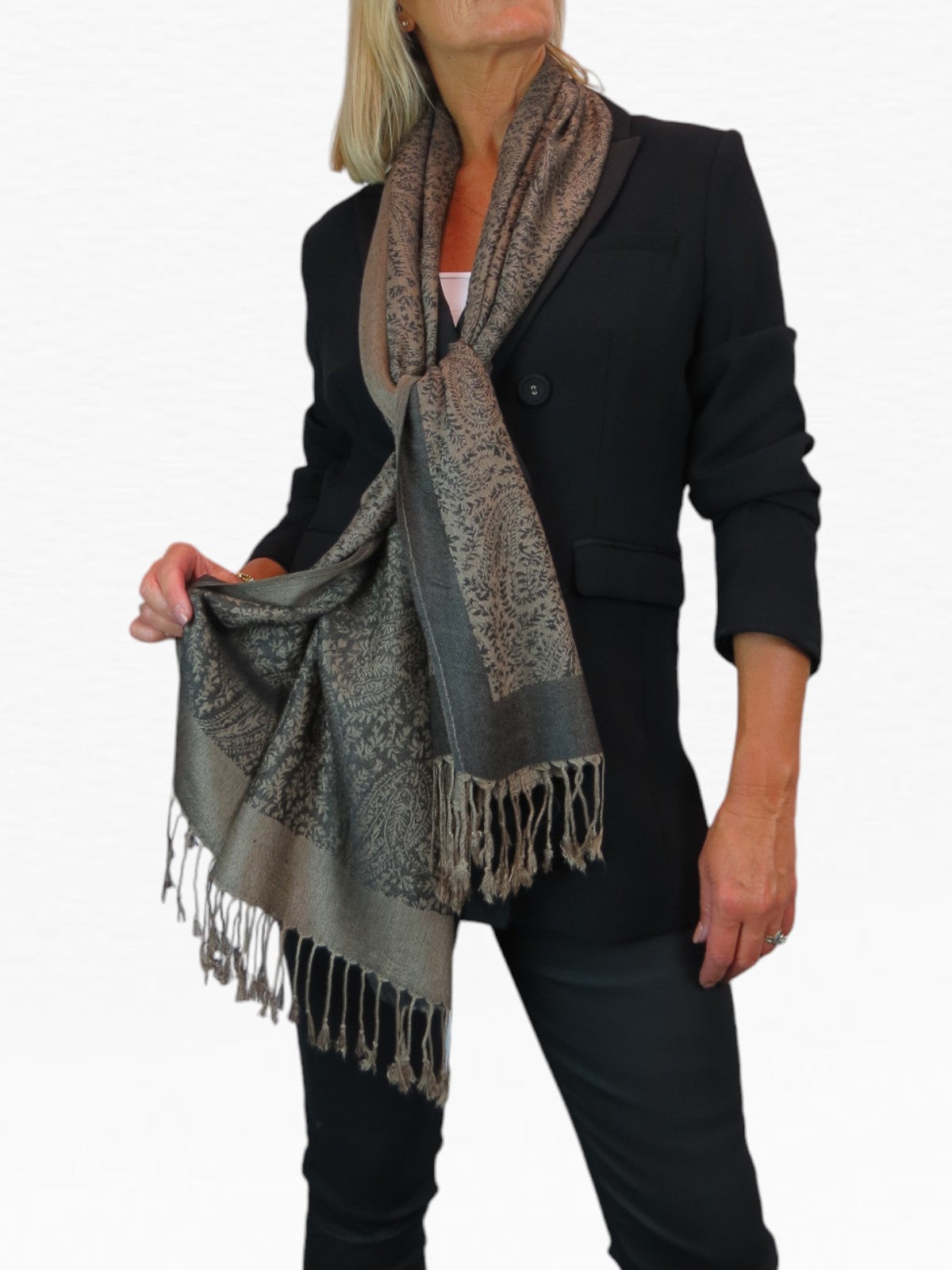 Paisley Jacquard Fine Pashmina Shawl Wrap Black Bronze