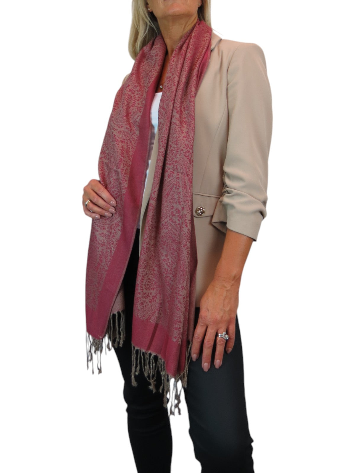 Paisley Jacquard Fine Pashmina Shawl Wrap Red Beige