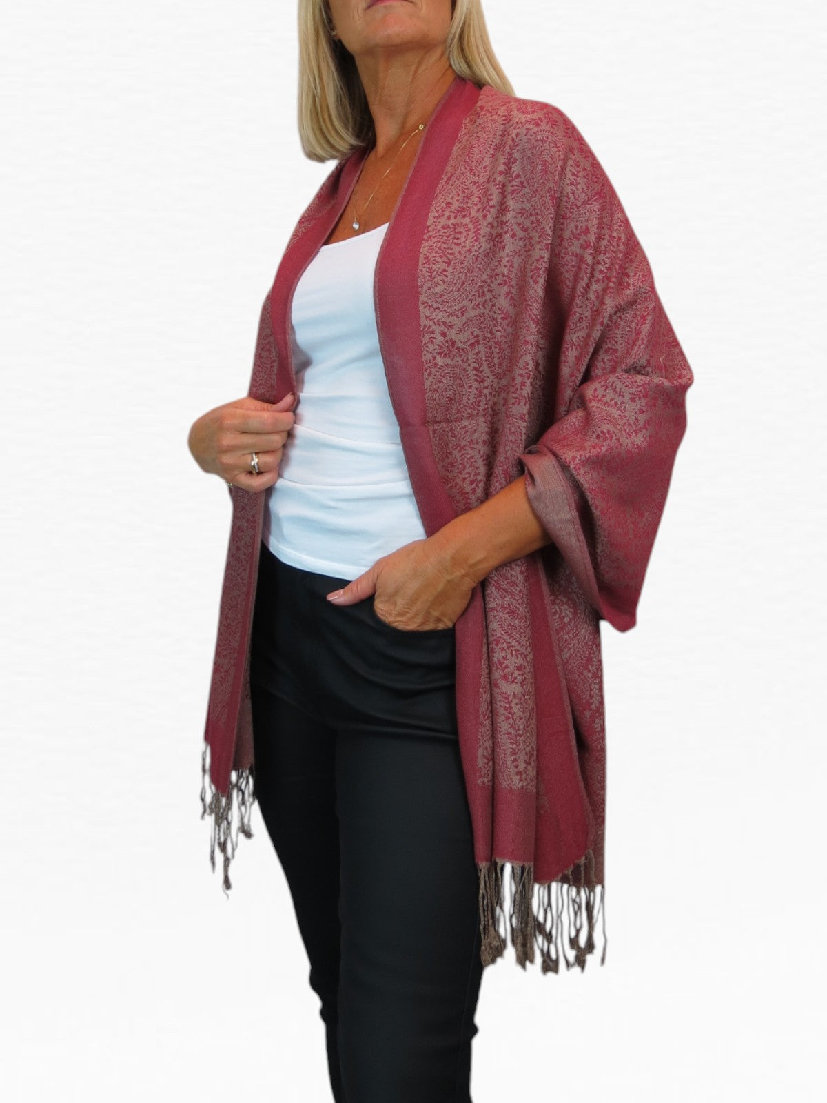 Paisley Jacquard Fine Pashmina Shawl Wrap Red Beige