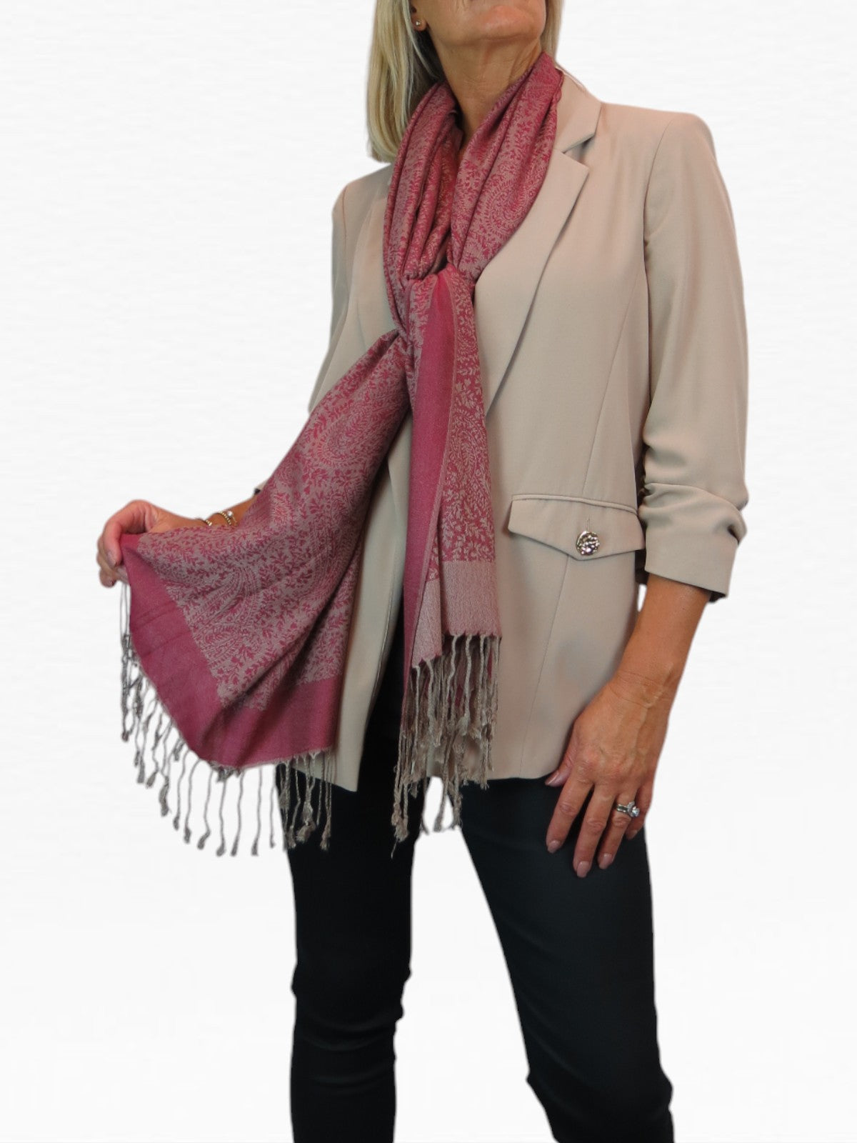 Paisley Jacquard Fine Pashmina Shawl Wrap Red Beige