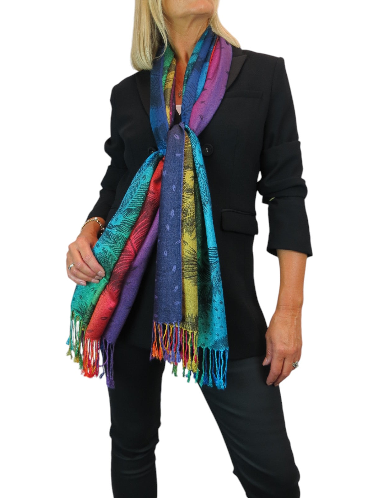 Rainbow Peacock Feather Pashmina Shawl Scarf Black Rainbow