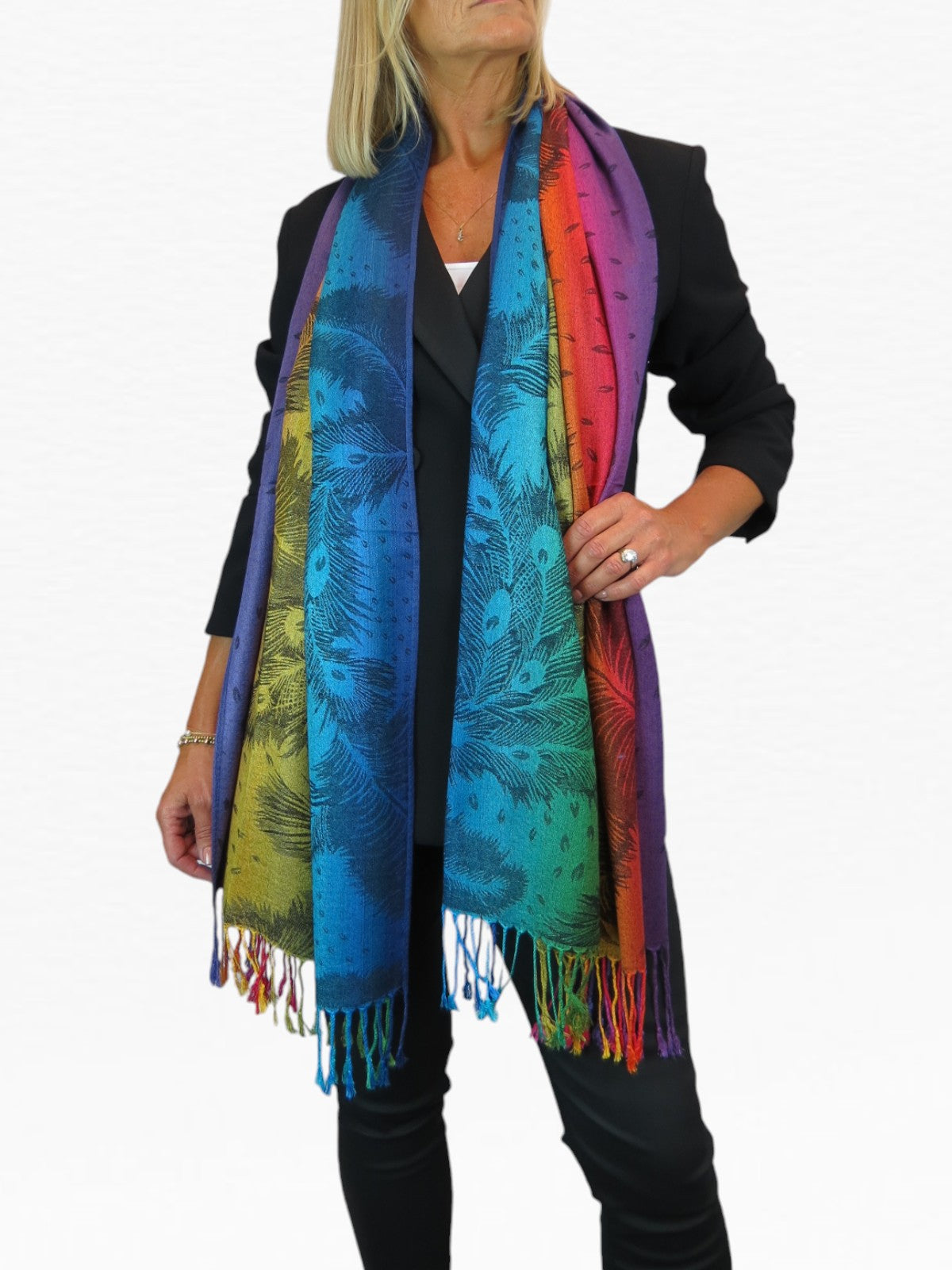 Rainbow Peacock Feather Pashmina Shawl Scarf Black Rainbow