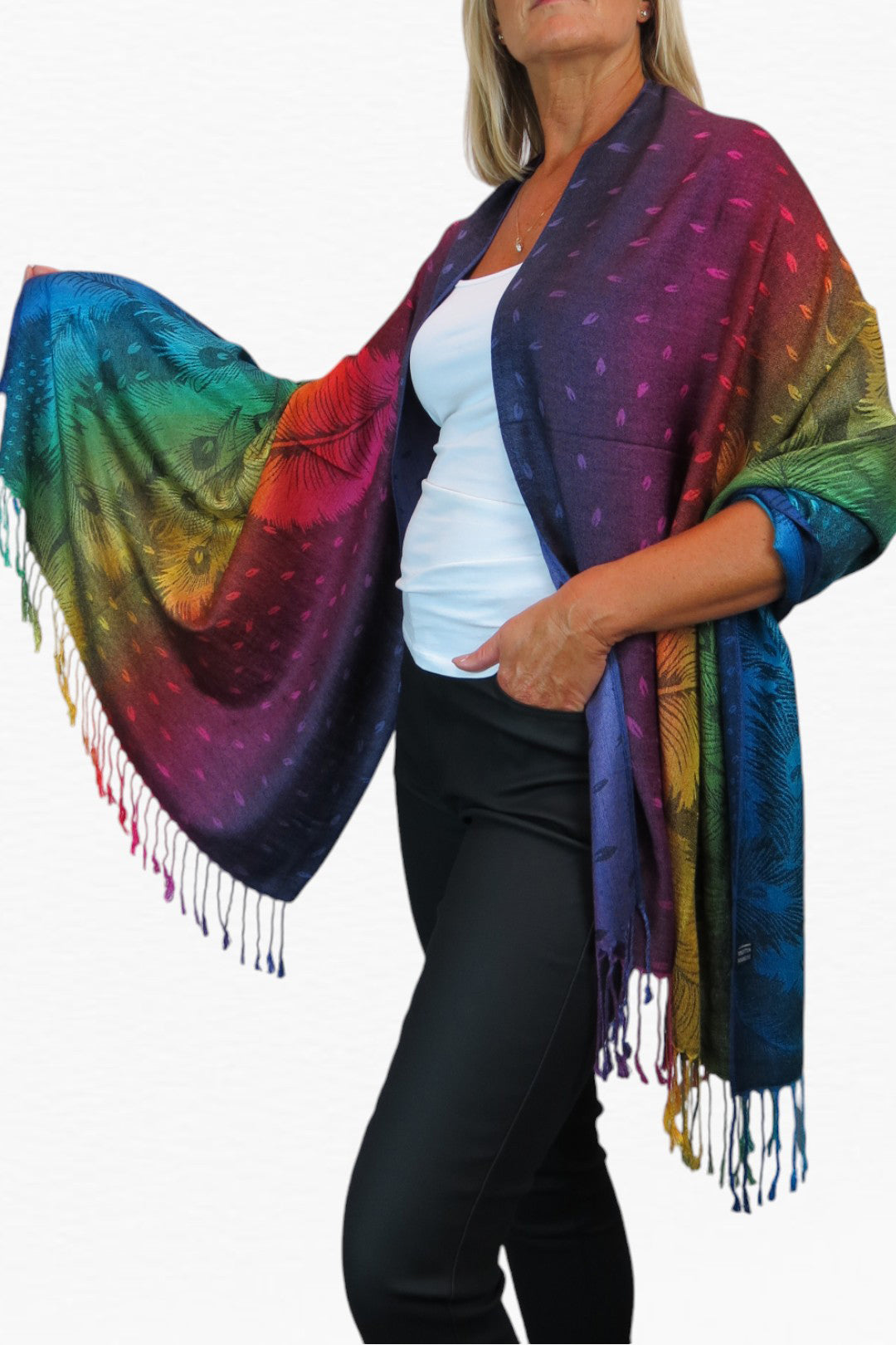 Rainbow Peacock Feather Pashmina Shawl Scarf Black Rainbow