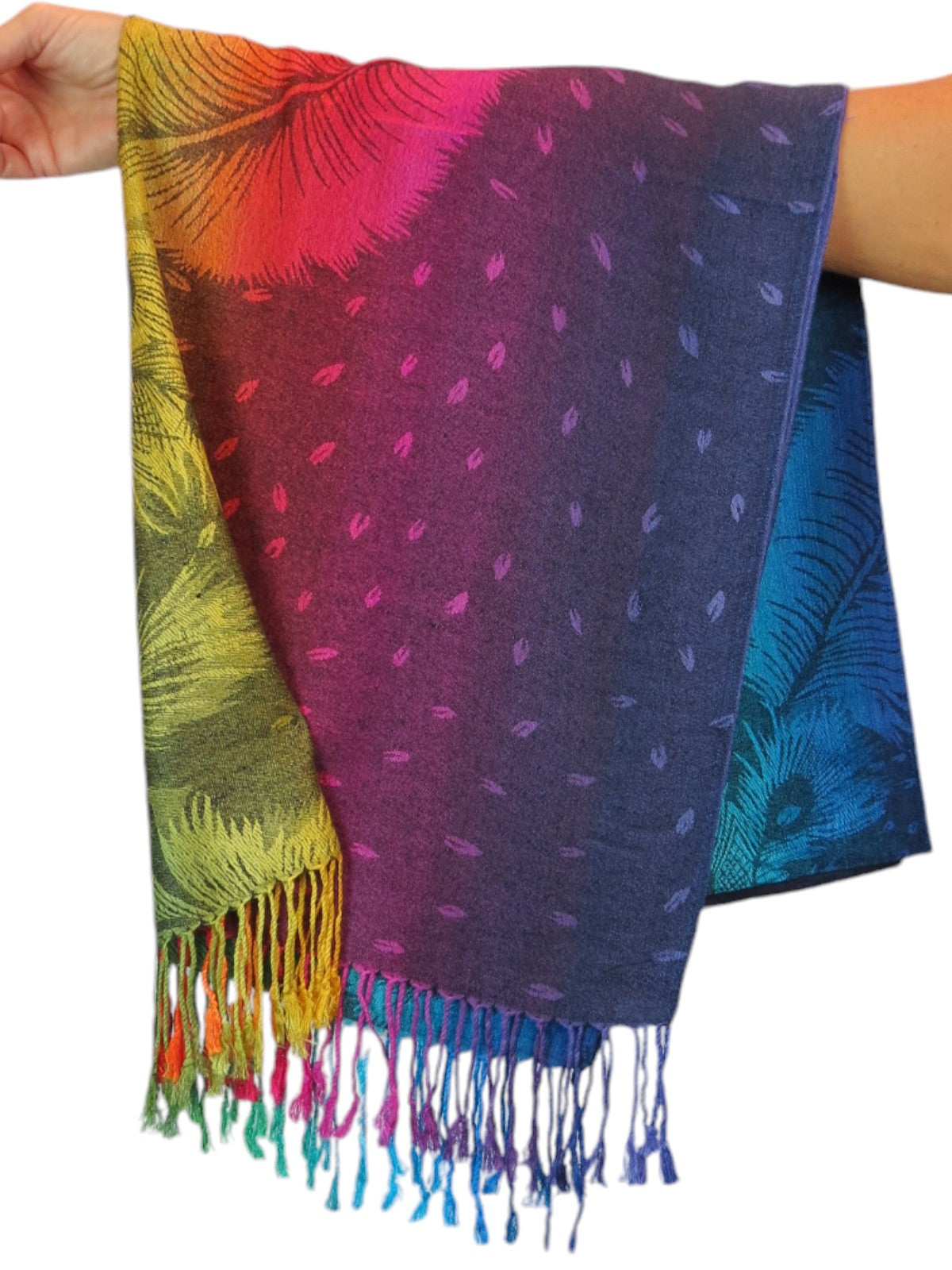 Rainbow Peacock Feather Pashmina Shawl Scarf Black Rainbow