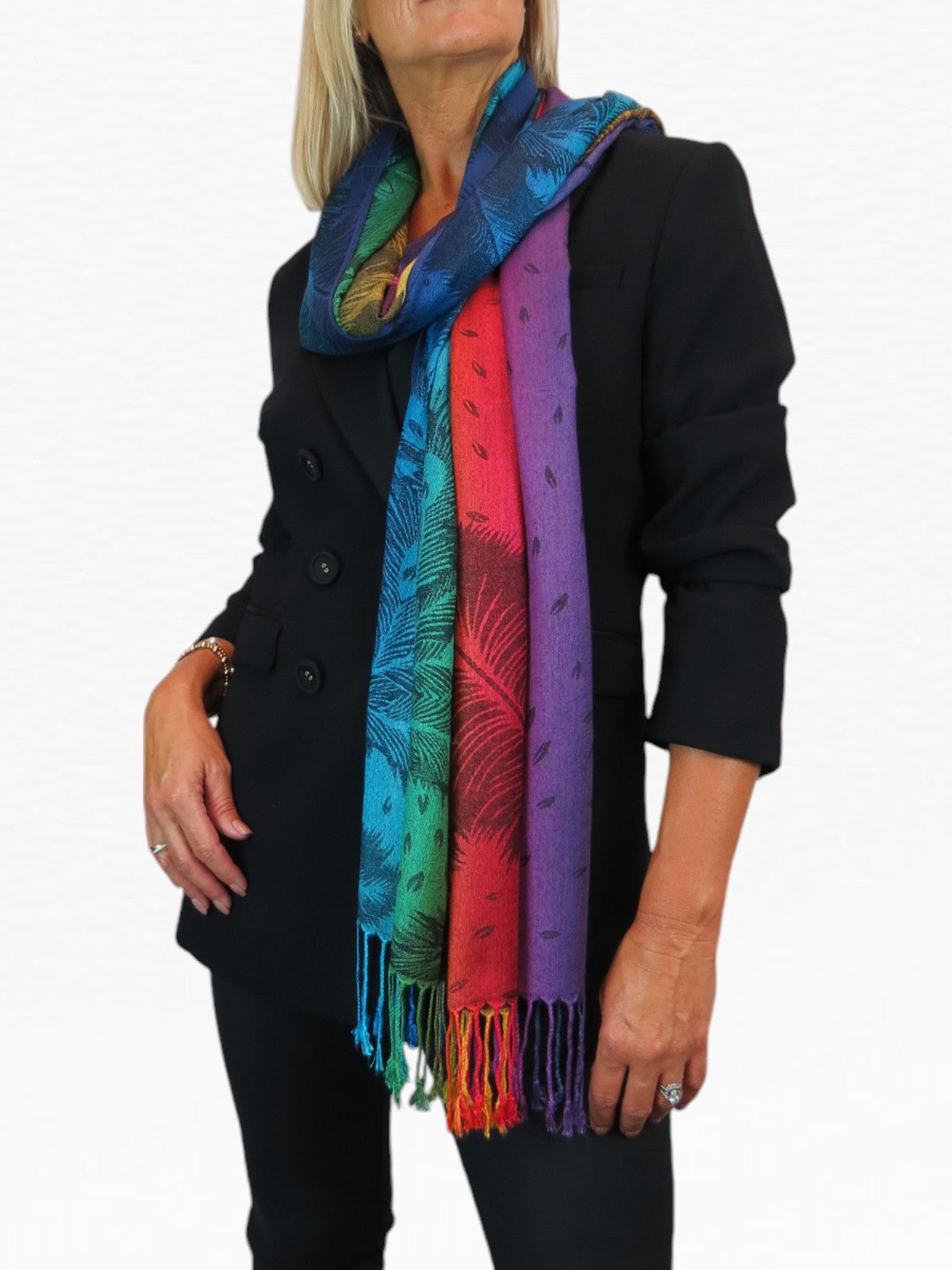 Rainbow Peacock Feather Pashmina Shawl Scarf Black Rainbow