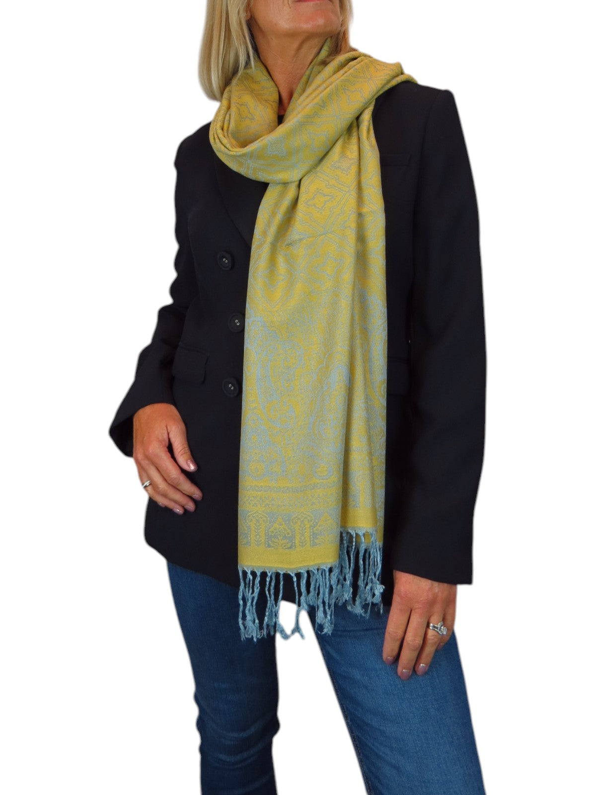 Persian Jacquard Design Pashmina Shawl Wrap Mustard Yellow