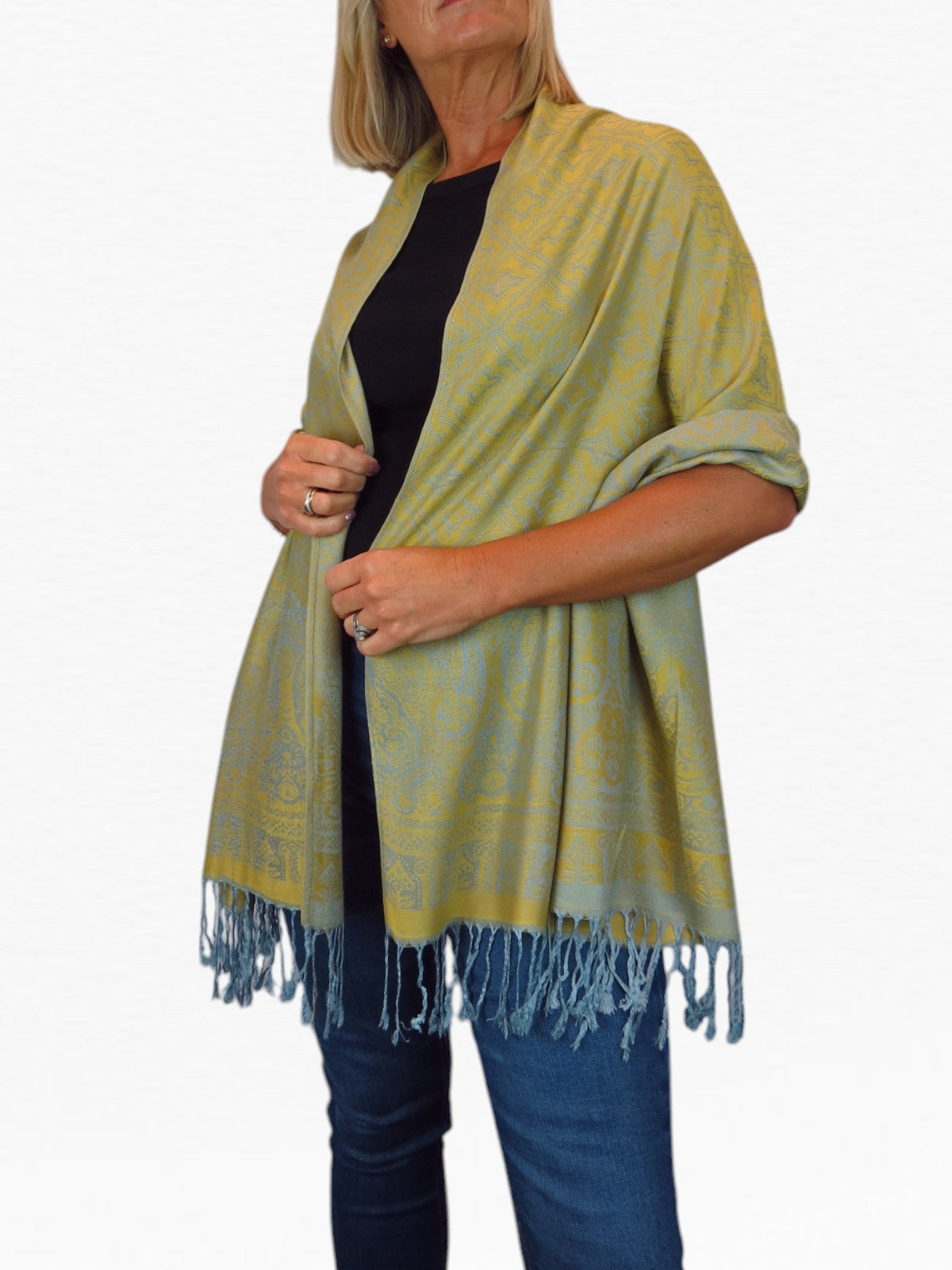 Persian Jacquard Design Pashmina Shawl Wrap Mustard Yellow