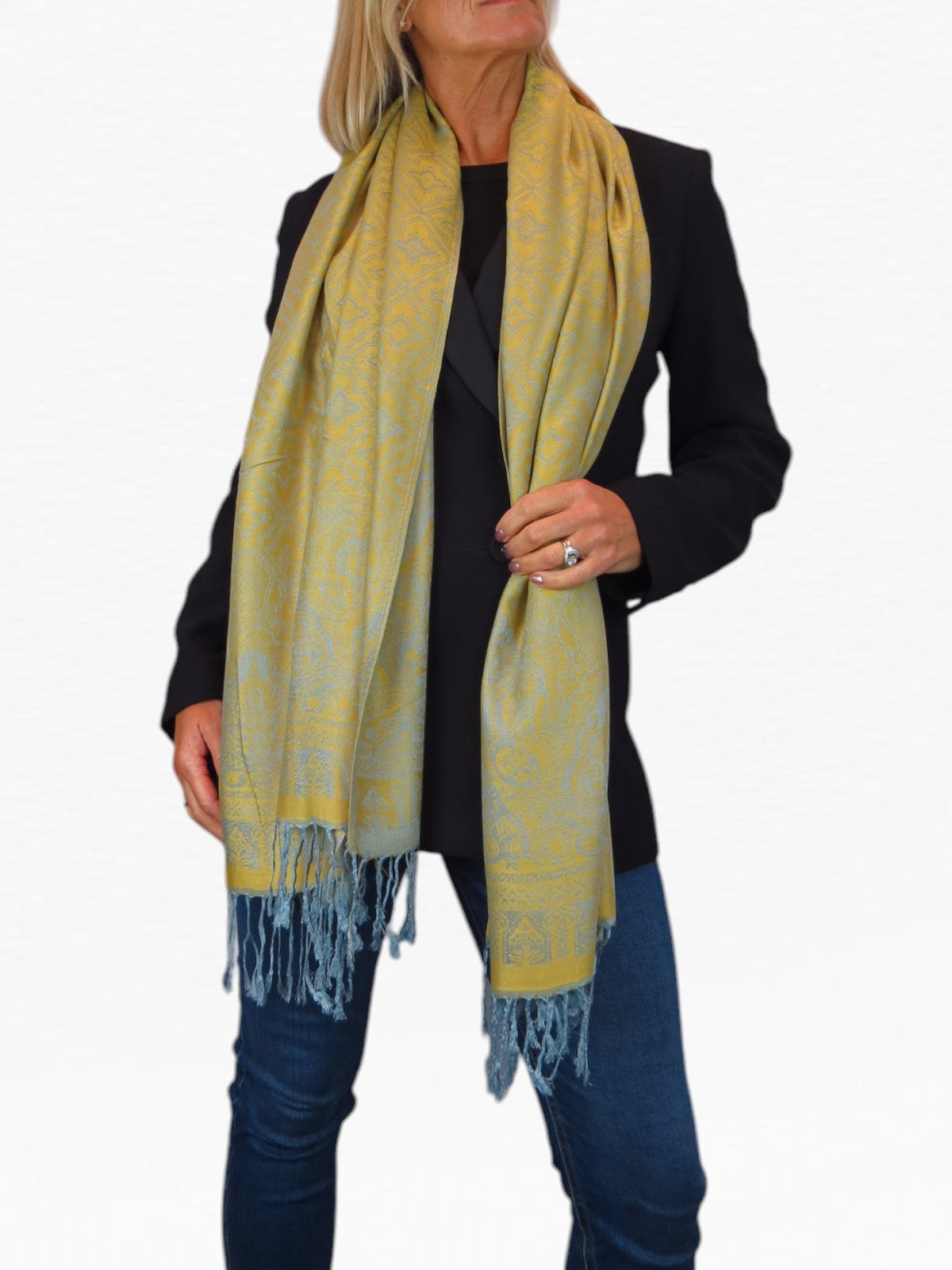 Persian Jacquard Design Pashmina Shawl Wrap Mustard Yellow