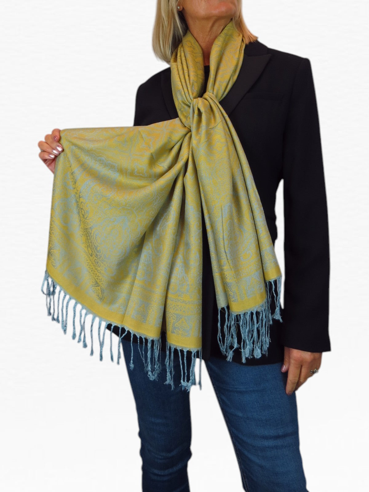 Persian Jacquard Design Pashmina Shawl Wrap Mustard Yellow
