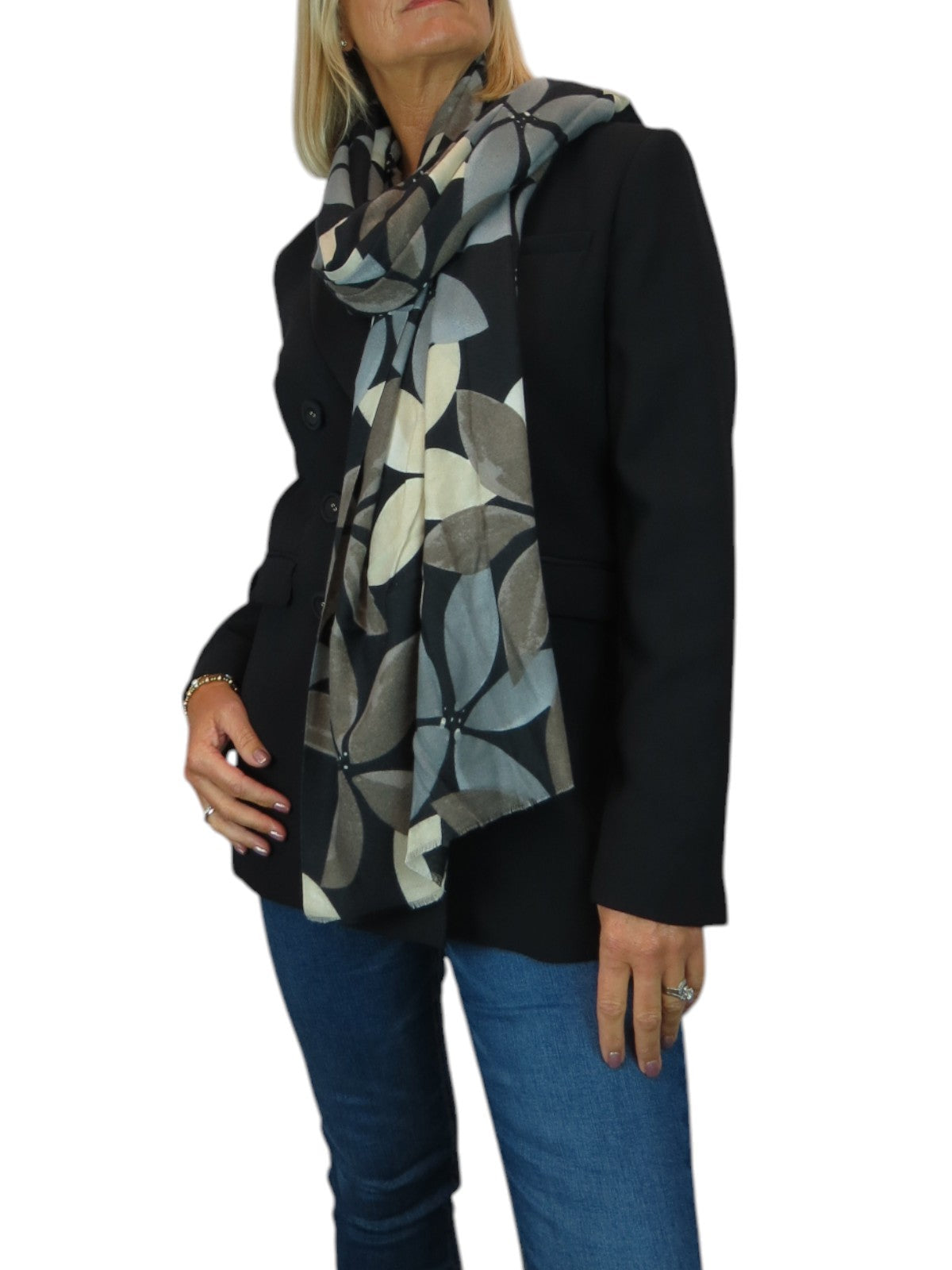 Large Leaf Design Wool Blend Pashmina Scarf Black