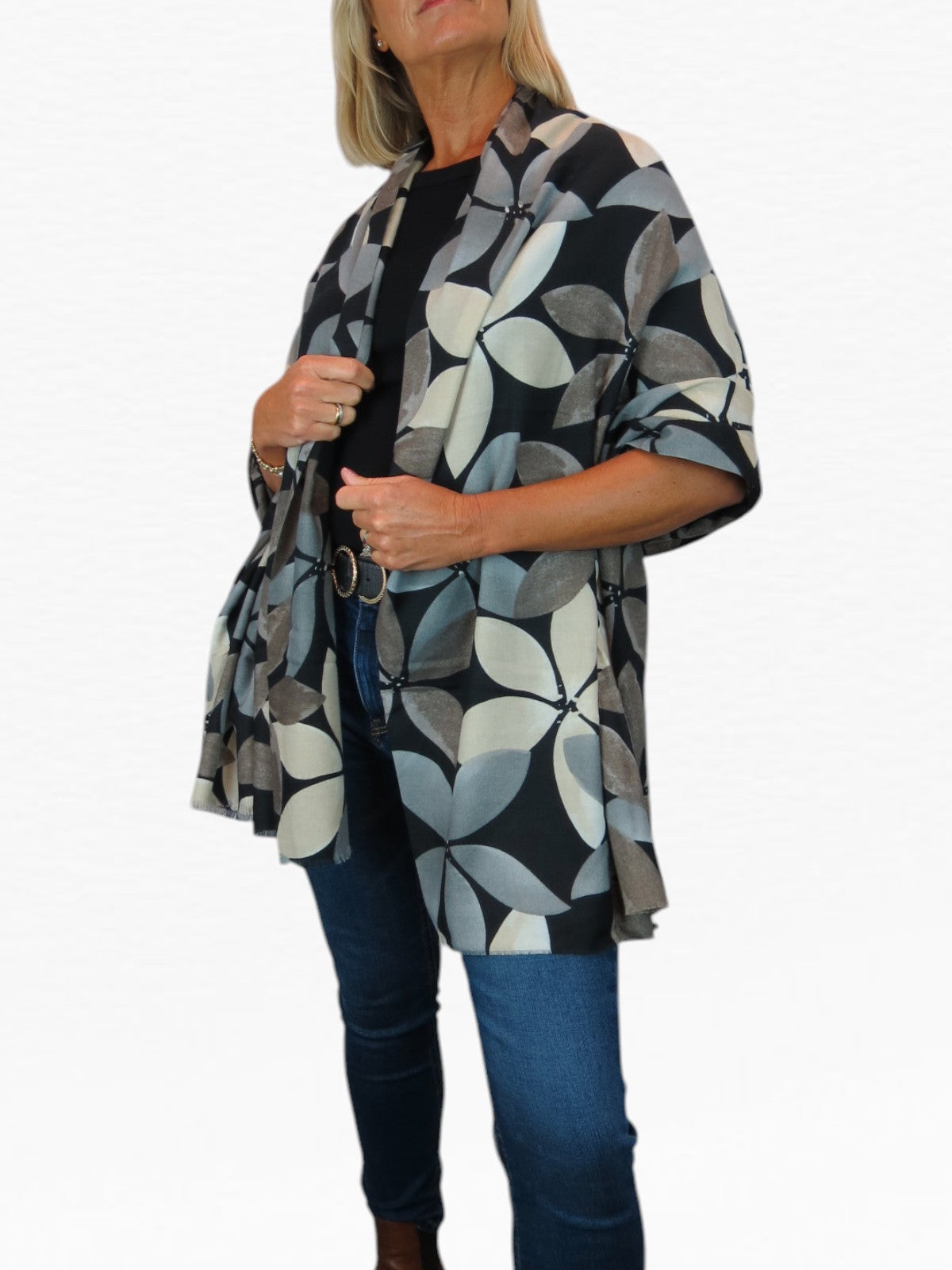 Large Leaf Design Wool Blend Pashmina Scarf Black