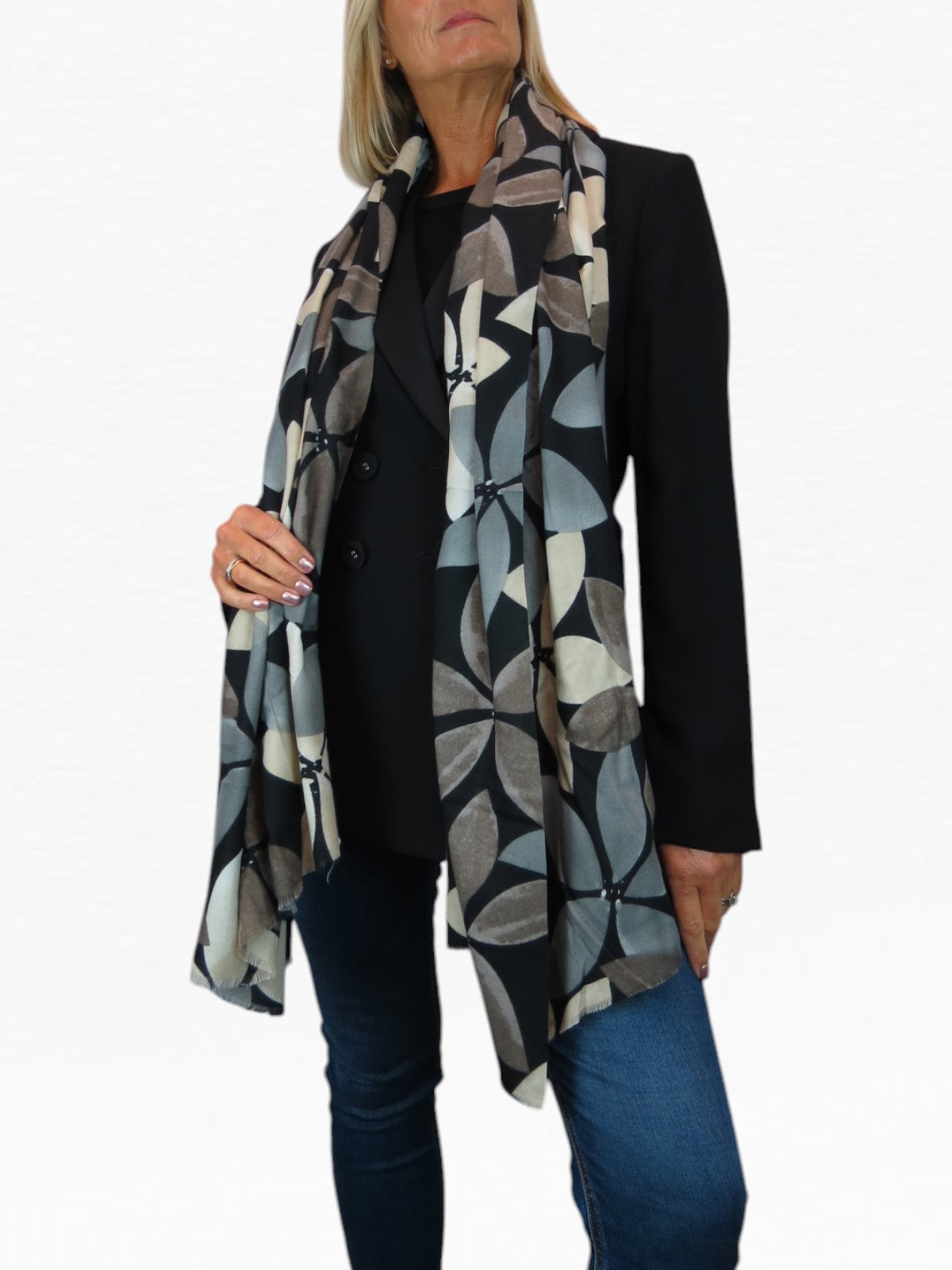 Large Leaf Design Wool Blend Pashmina Scarf Black