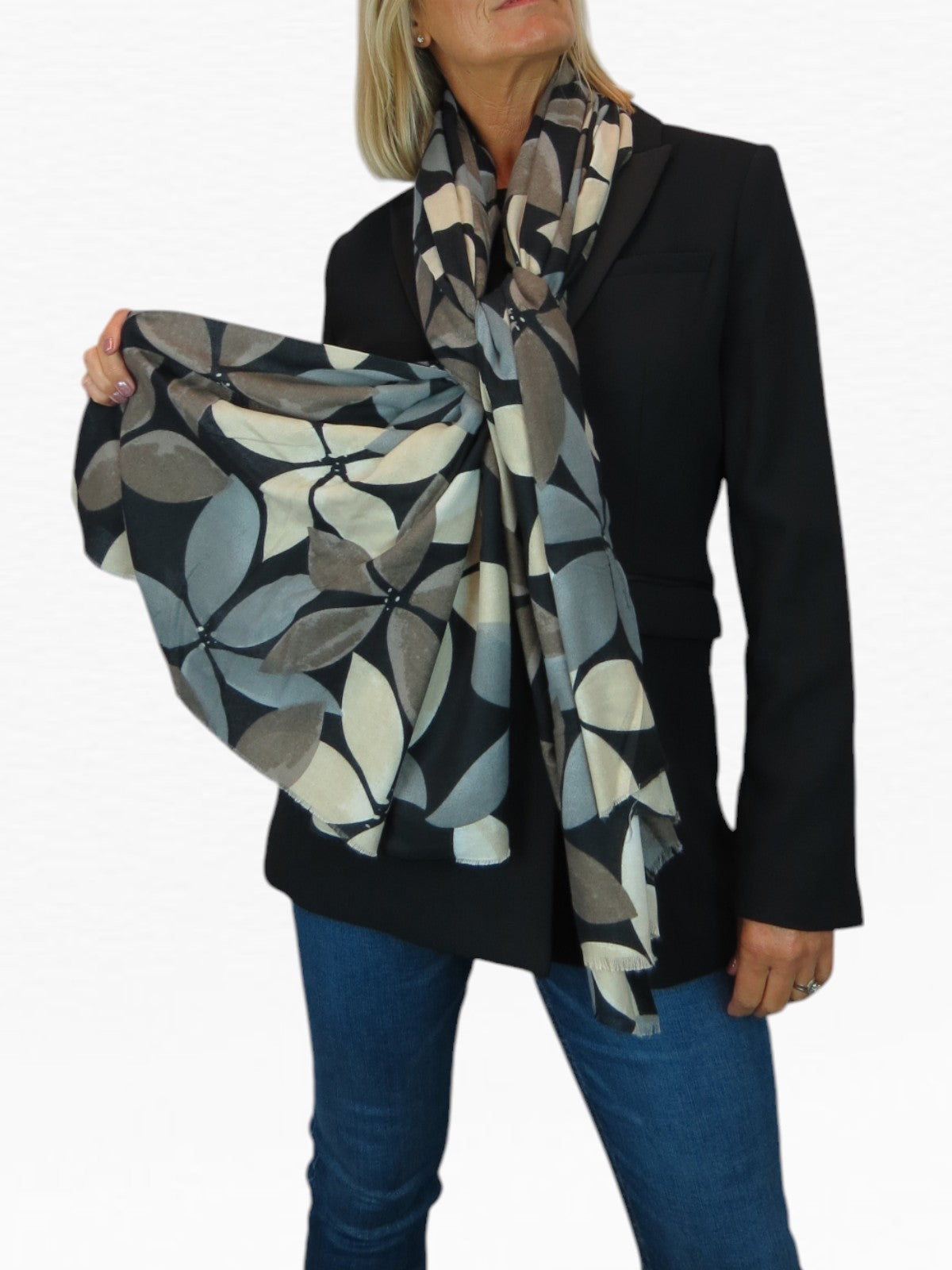 Large Leaf Design Wool Blend Pashmina Scarf Black