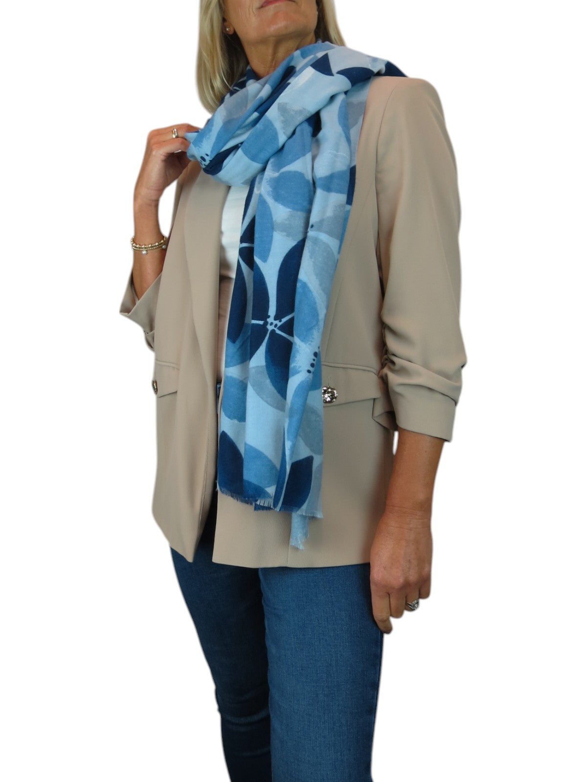 Large Leaf Design Wool Blend Pashmina Scarf Blue