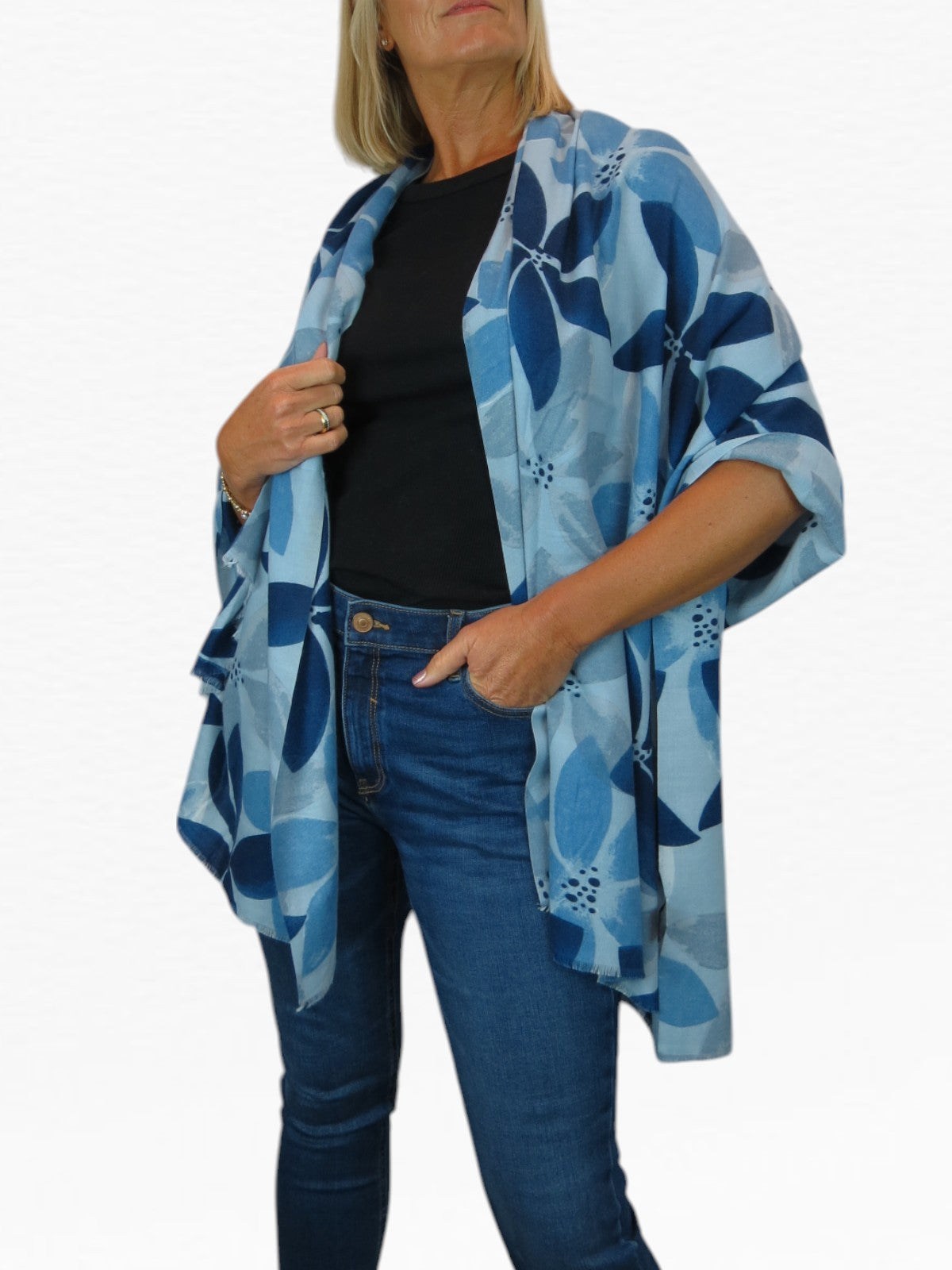 Large Leaf Design Wool Blend Pashmina Scarf Blue