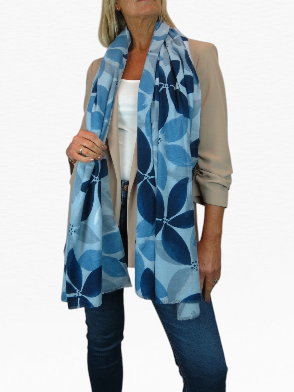 Large Leaf Design Wool Blend Pashmina Scarf Blue