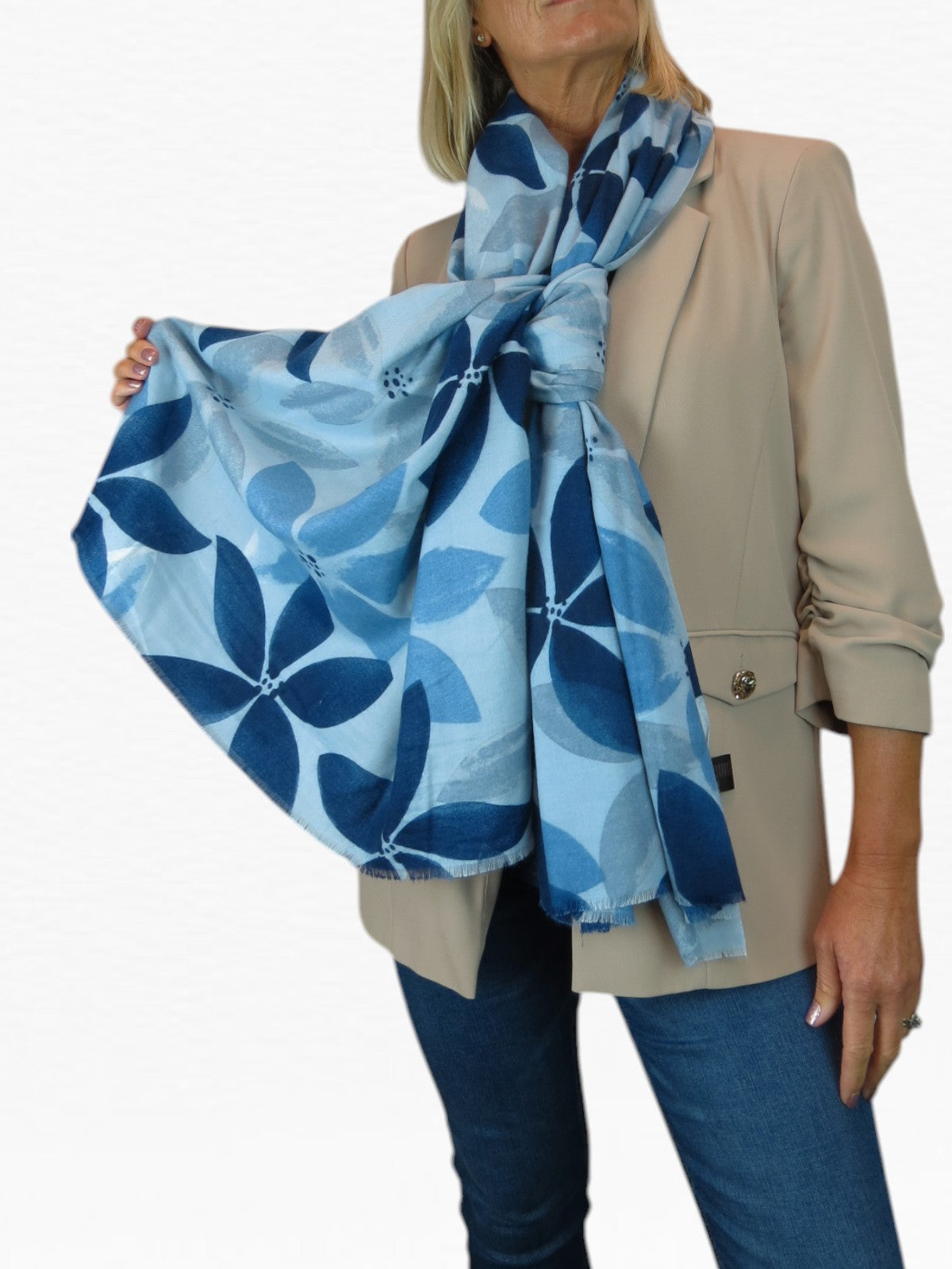 Large Leaf Design Wool Blend Pashmina Scarf Blue