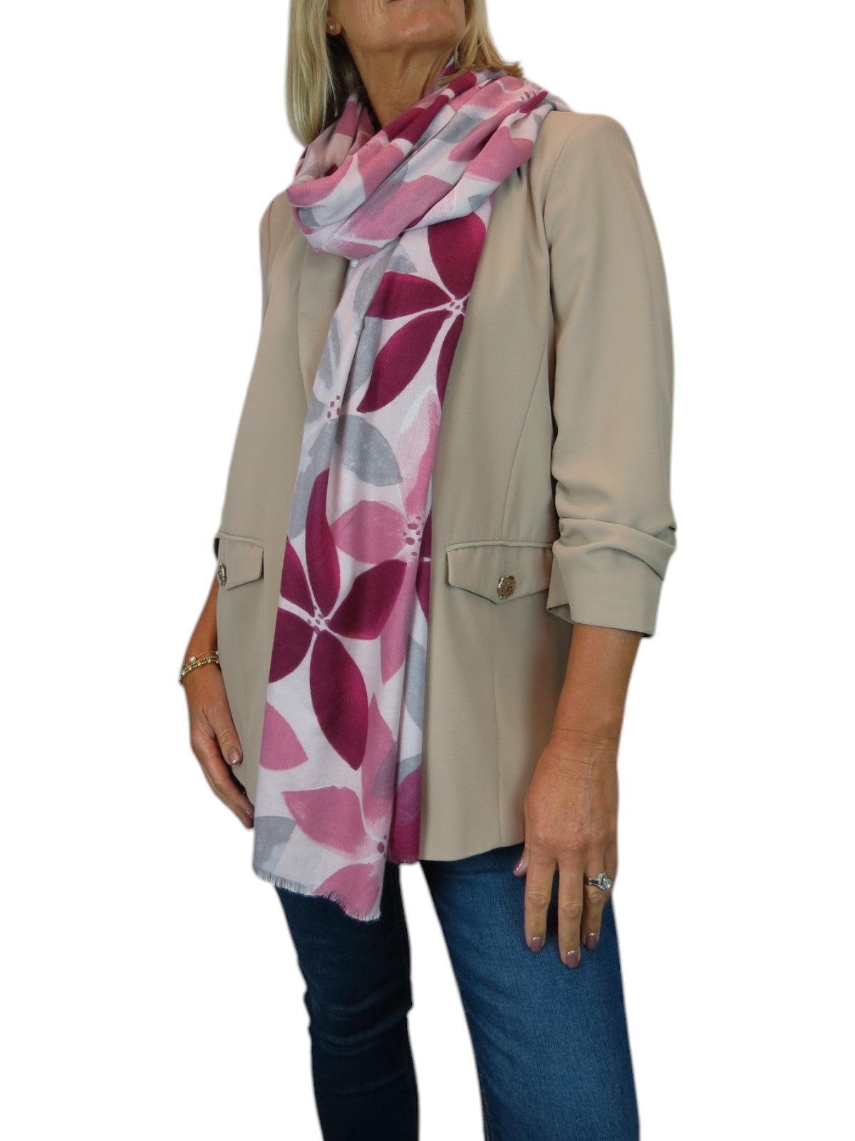 Large Leaf Design Wool Blend Pashmina Scarf Pink