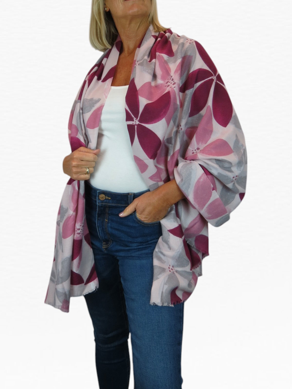 Large Leaf Design Wool Blend Pashmina Scarf Pink