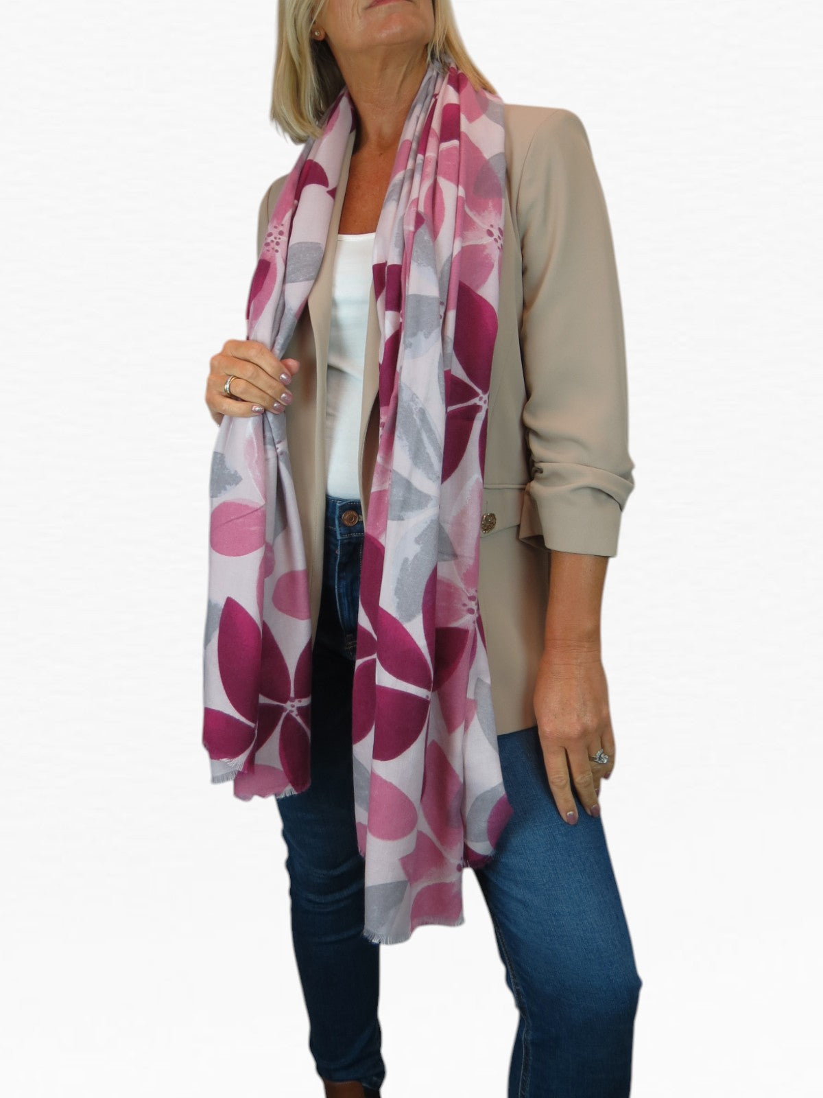 Large Leaf Design Wool Blend Pashmina Scarf Pink