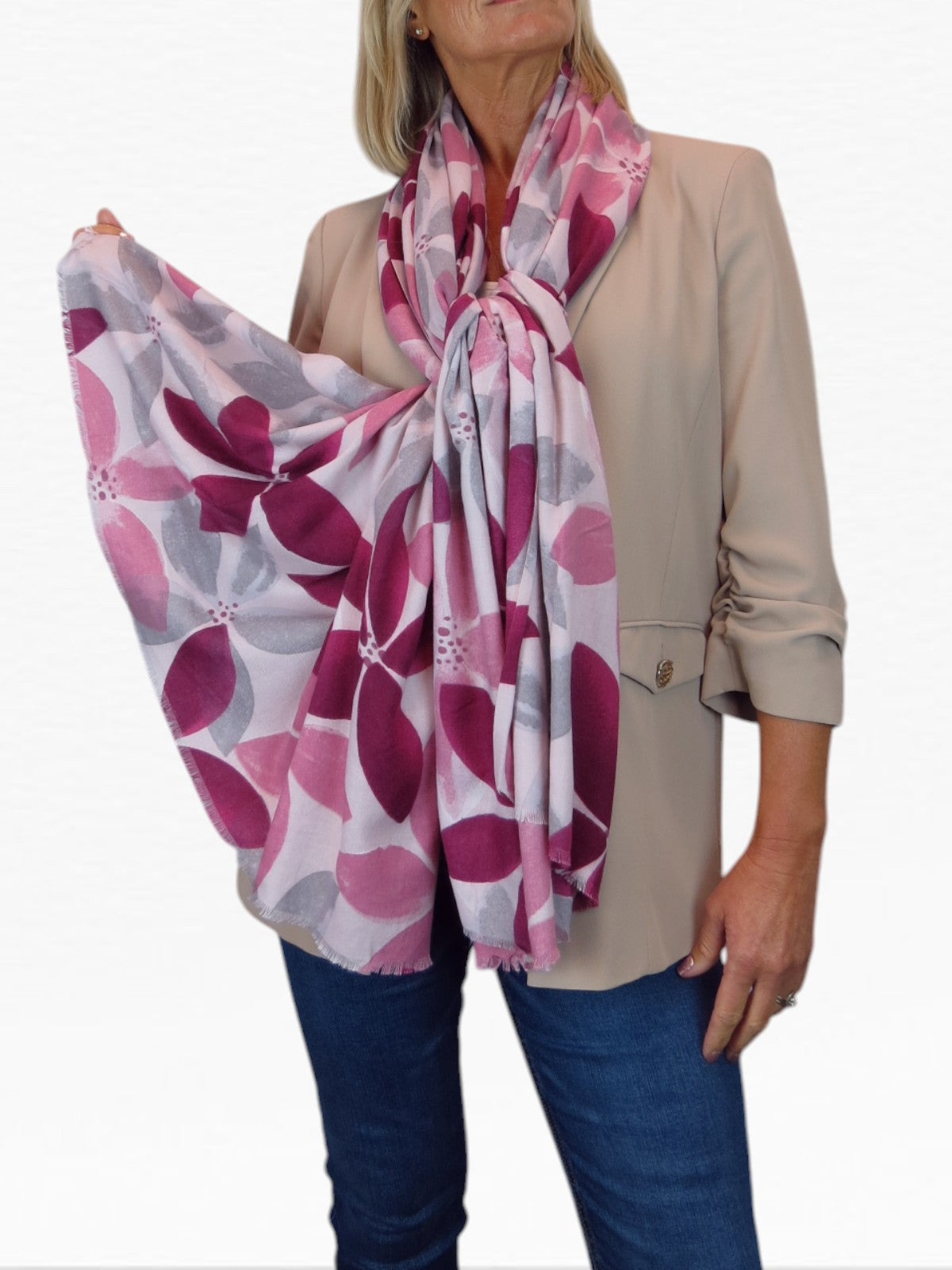 Large Leaf Design Wool Blend Pashmina Scarf Pink