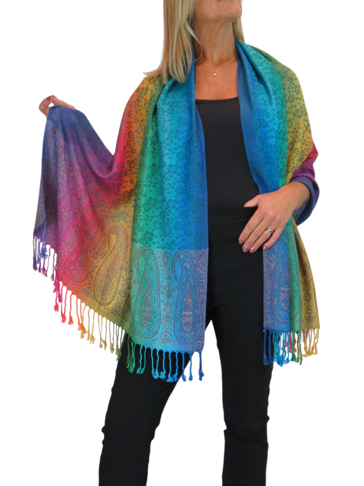 Rainbow Floral Paisley Pashmina Shawl Scarf Blue