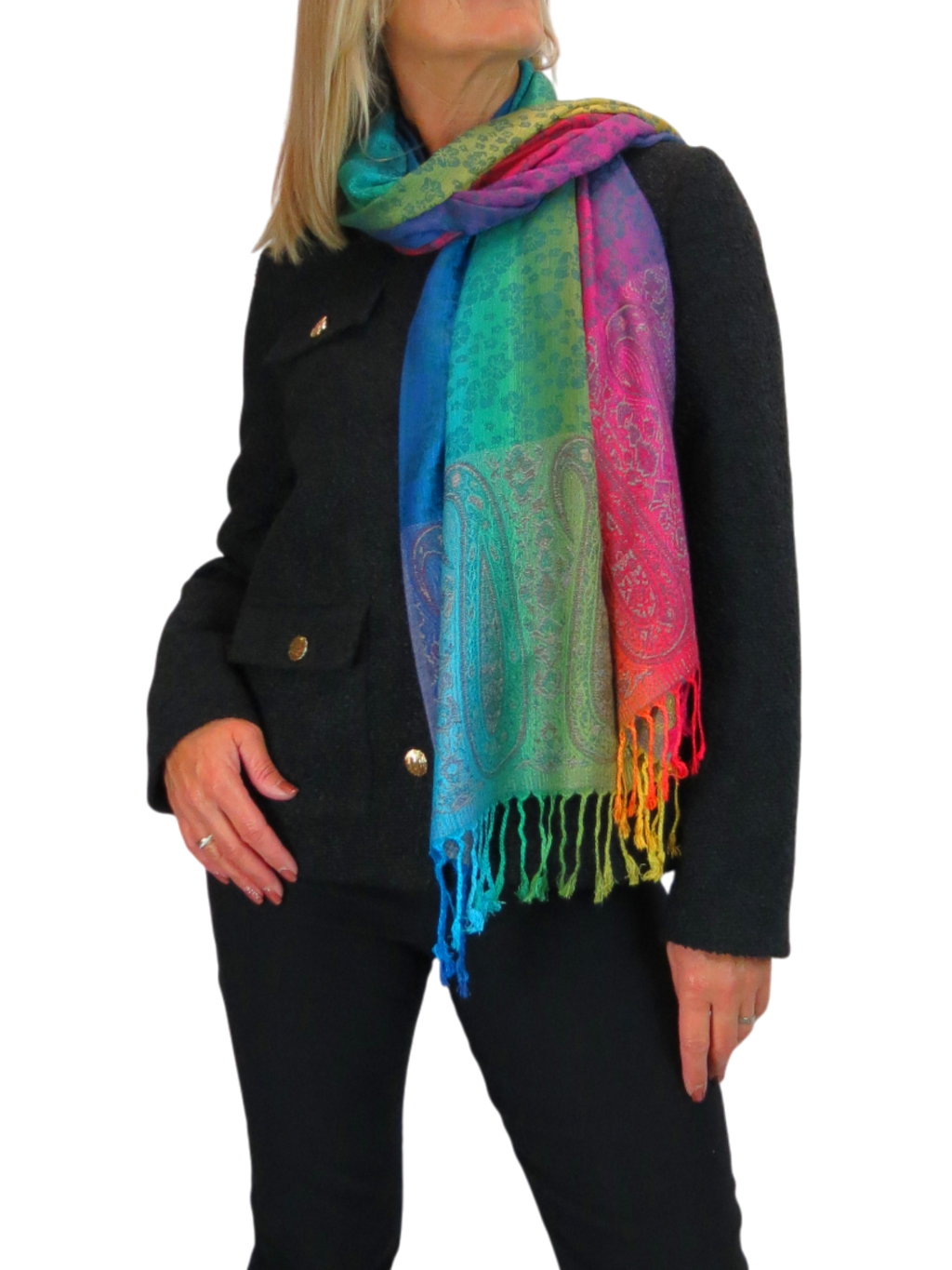 Rainbow Floral Paisley Pashmina Shawl Scarf Blue
