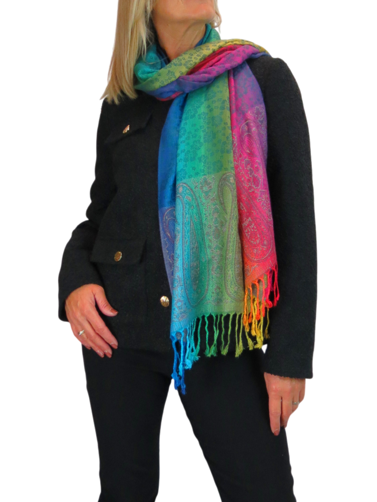 Rainbow Floral Paisley Pashmina Shawl Scarf Blue