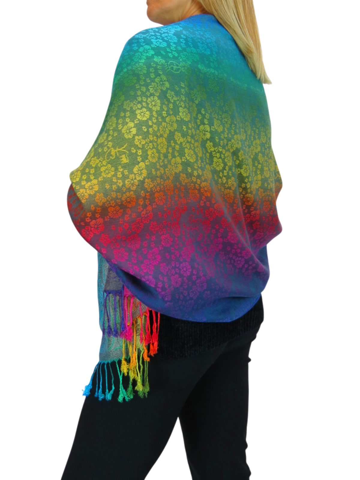 Rainbow Floral Paisley Pashmina Shawl Scarf Blue