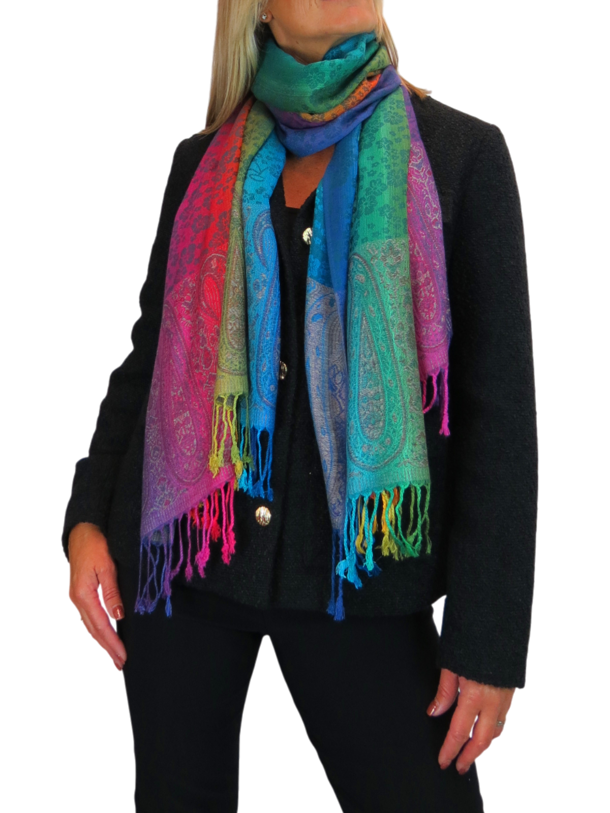 Rainbow Floral Paisley Pashmina Shawl Scarf Blue