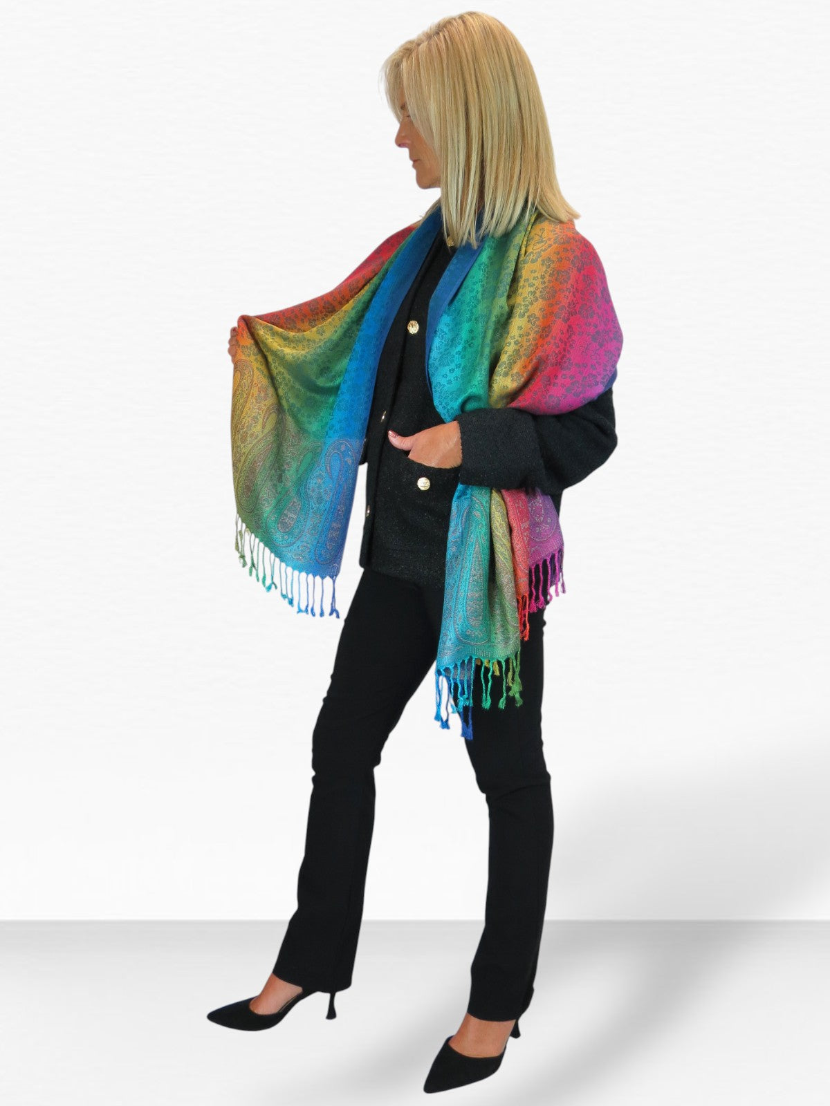 Rainbow Floral Paisley Pashmina Shawl Scarf Blue