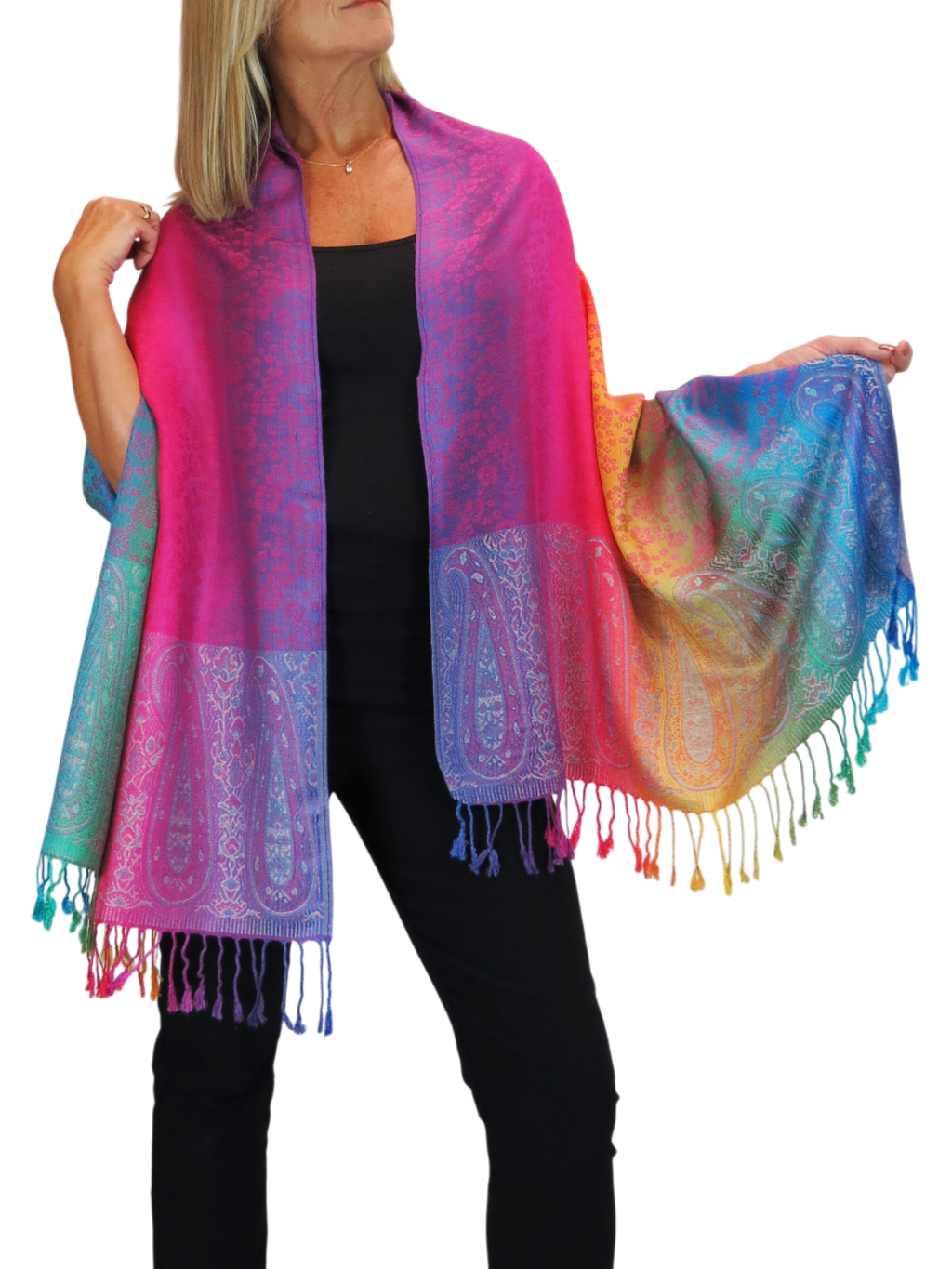 Rainbow Floral Paisley Pashmina Shawl Scarf Pink