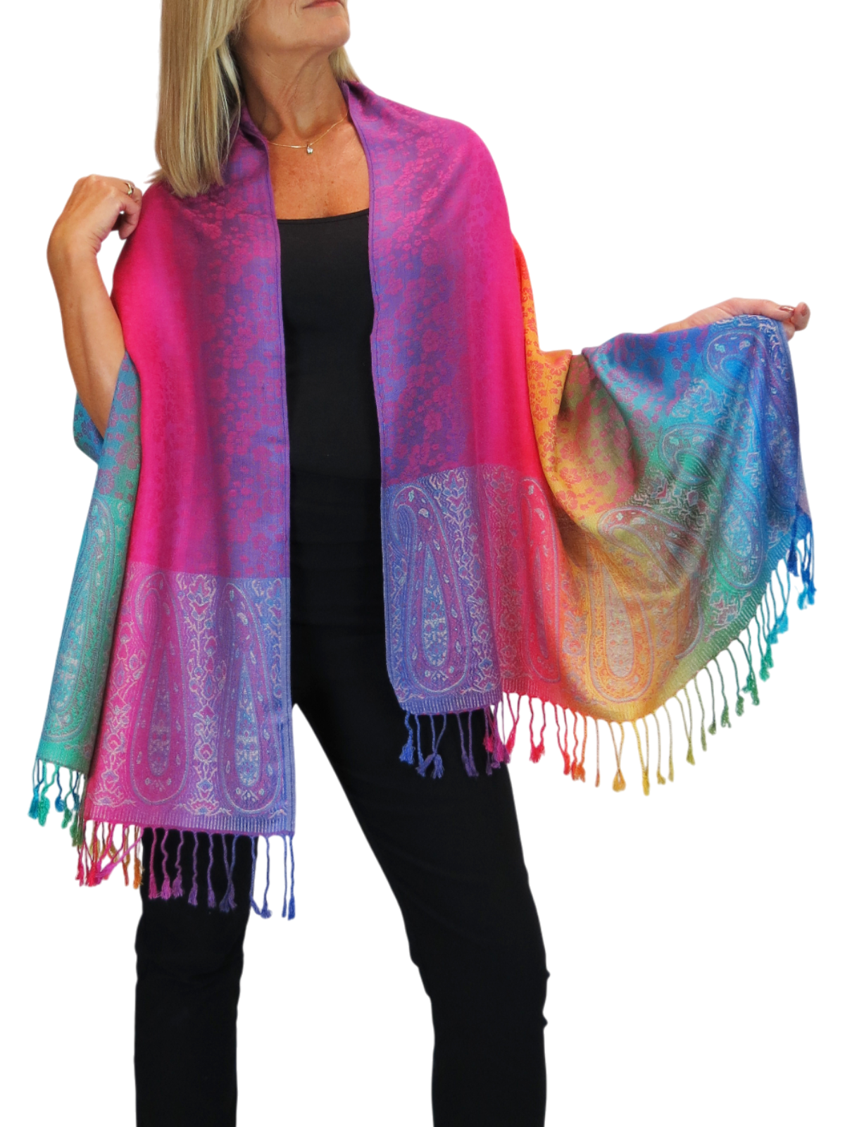 Rainbow Floral Paisley Pashmina Shawl Scarf Pink