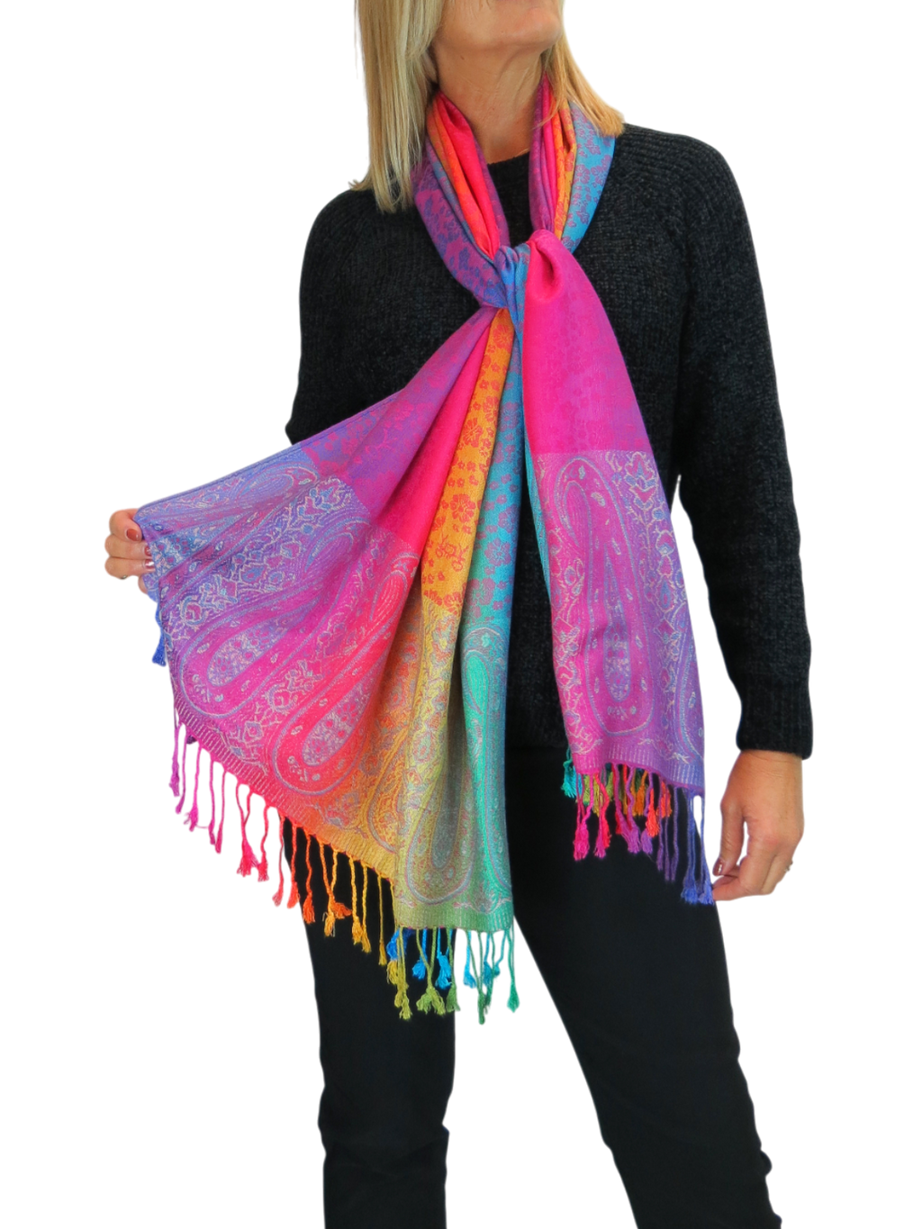 Rainbow Floral Paisley Pashmina Shawl Scarf Pink