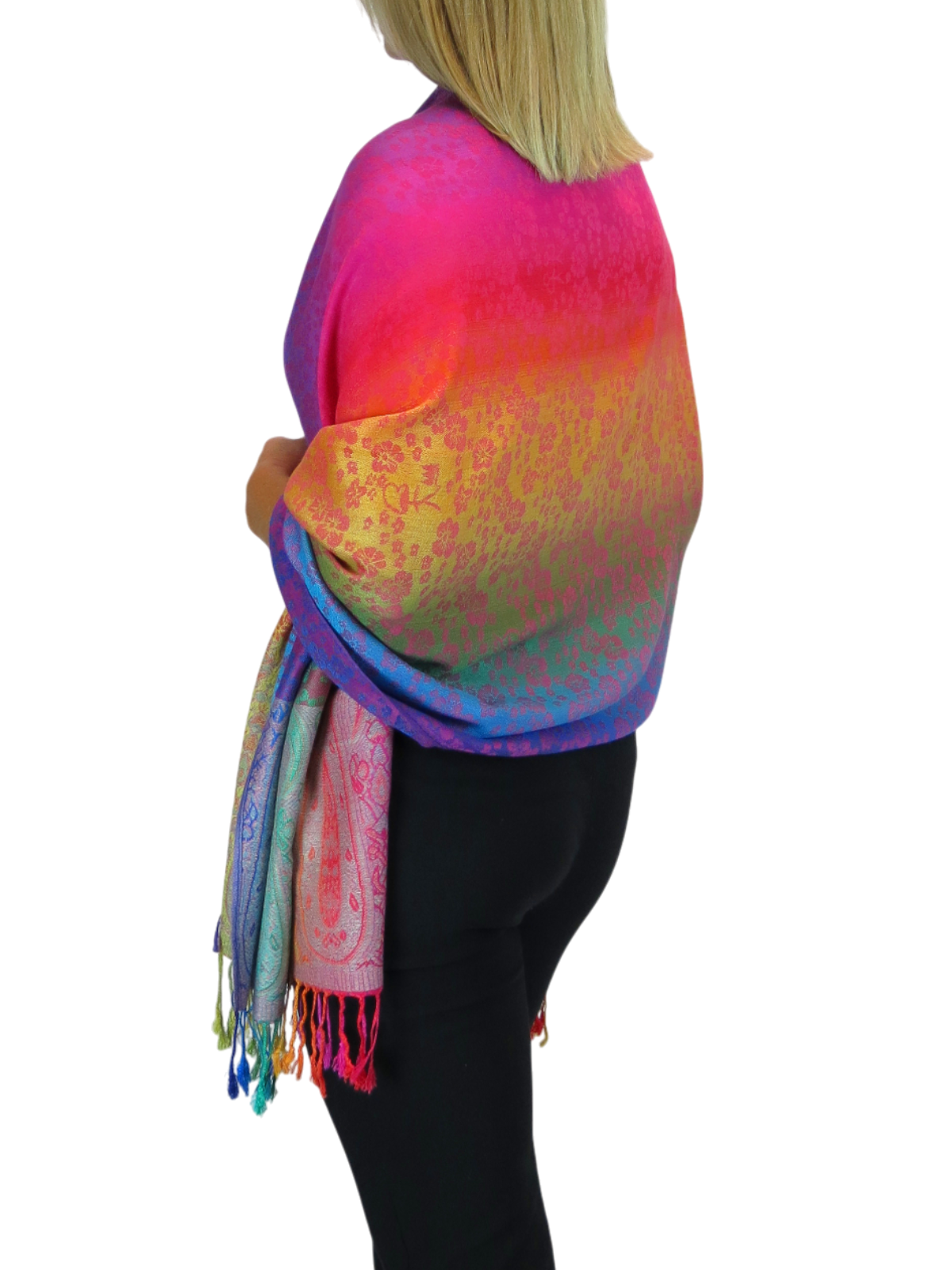 Rainbow Floral Paisley Pashmina Shawl Scarf Pink